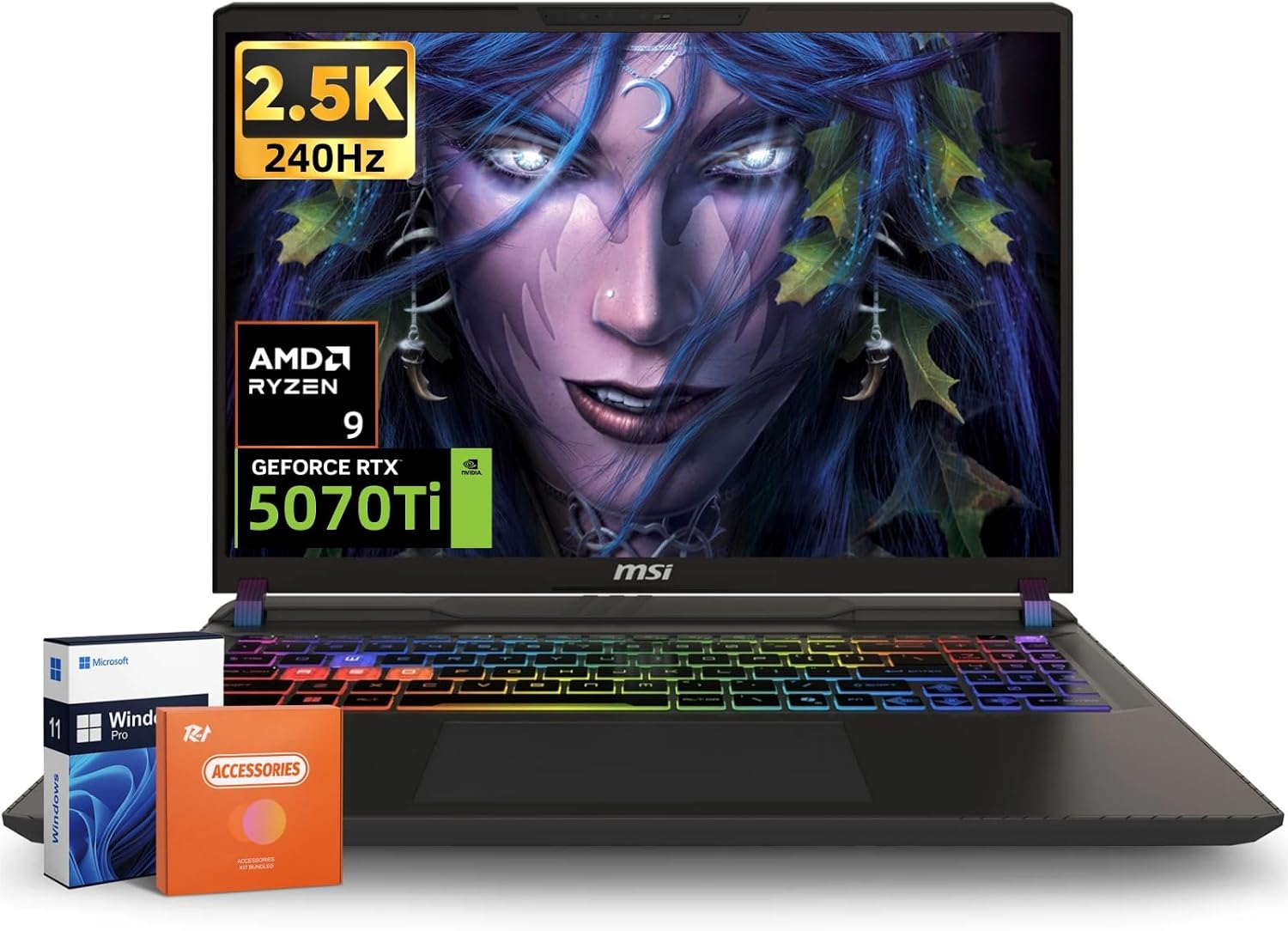 MSI Vector 16 Gaming Laptop, 16inch 240Hz 2560x1600 QHD+ LCD Display, NVIDIA RTX 5070Ti 12GB GDDR7, AMD Ryzen 9 8940HX (Max 5.3GHz, 80MB Cache), 32 GB DDR5, 1 TB SSD, Windows 11 Pro, Accessories