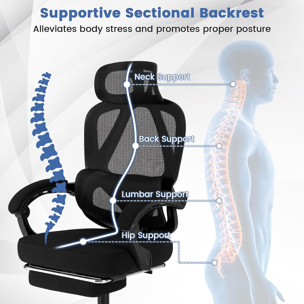 Giantex Mesh Office Chair, Ergonomic Desk Chair with Retractable Footrest, 135° Tilting Backrest, Adjustable Headrest & Lumbar Support, Padded Armrest, Computer Chair with High Back for Home Office