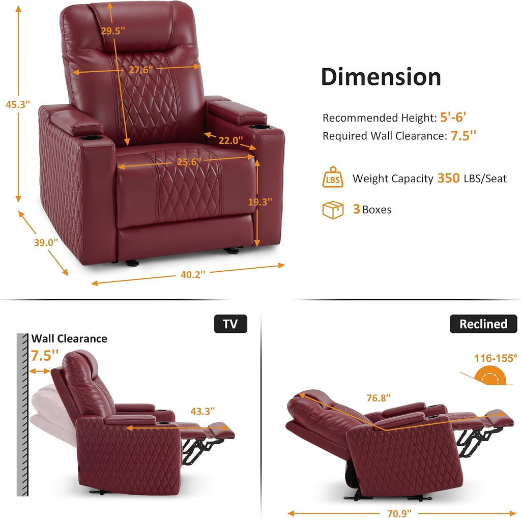 MCombo Oversized Power Recliner Chair with Adjustable Headrest & LED Light for Adults, Zero Gravity Recliner with USB & Type C Ports, Cup Holders for Living Room & Home Theater, Faux Leather HTS401