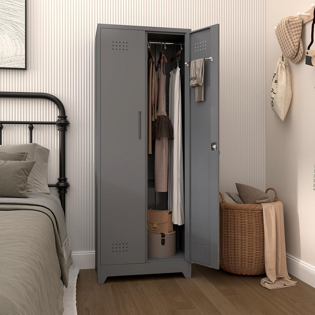 Broom Closet Storage Cabinet, Steel Locking Cabinet with Hanging Rod, 65' Cleaning Storage with Doors and Hooks, Tall Broom Tool Cabinets for Office, Garage
