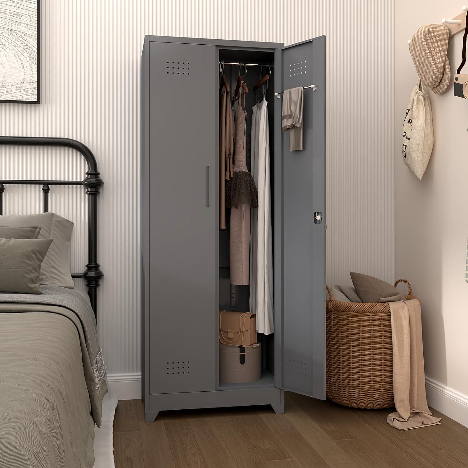 Broom Closet Storage Cabinet, Steel Locking Cabinet with Hanging Rod, 65' Cleaning Storage with Doors and Hooks, Tall Broom Tool Cabinets for Office, Garage