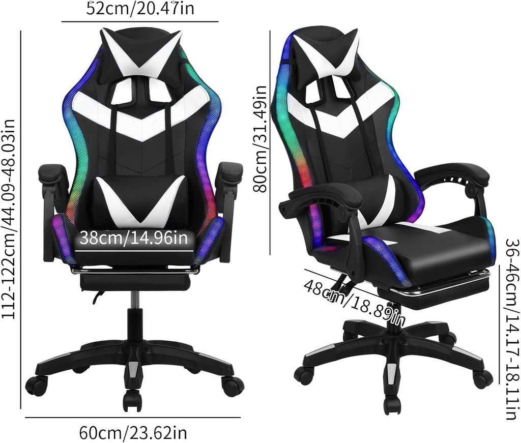 BENBOR Gaming Chair,Office Massage Computer Chair with Bluetooth Speaker,RGB LED Lights,Adjustable Height Swivel Task Chair with Footrest Lumbar Support,Video Game Chair for Adults (White)