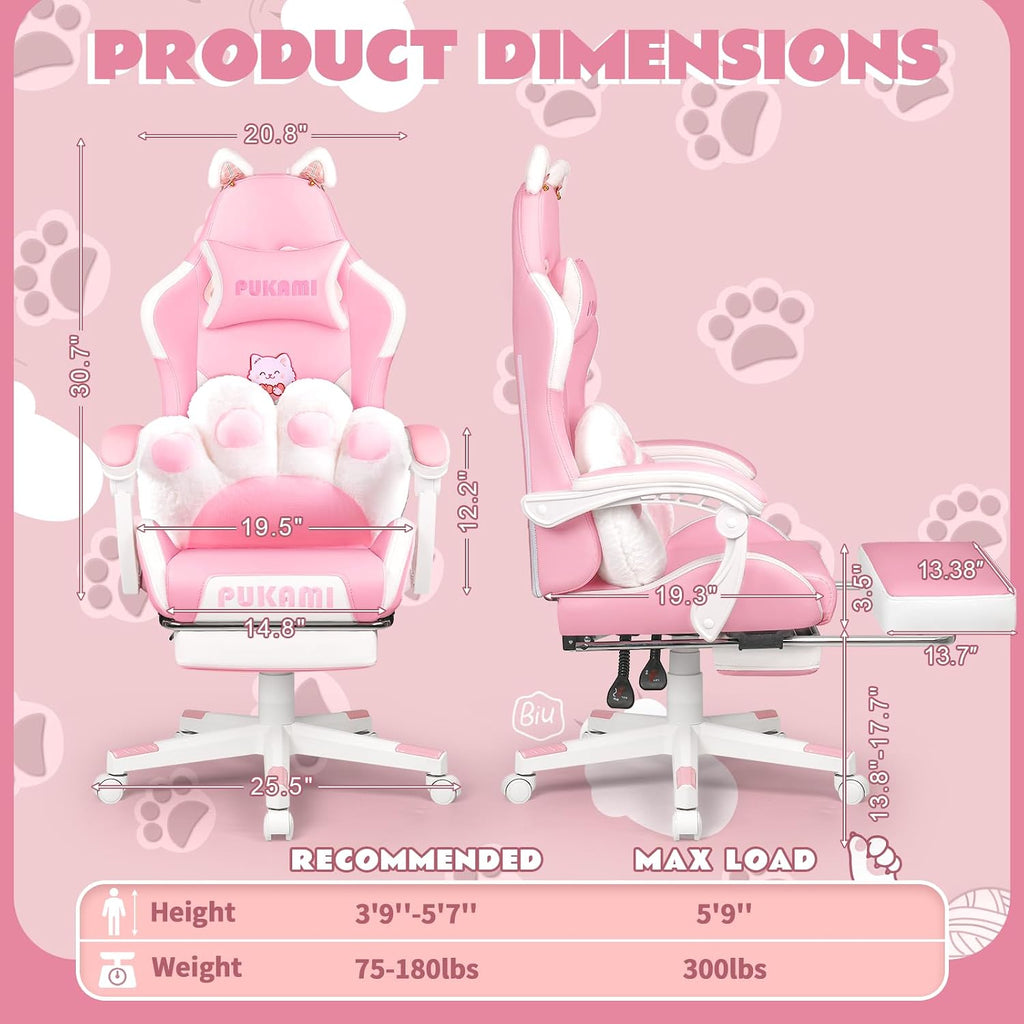 VITESSE Pink Gaming Chair for Girl with Cat Paw Lumbar Cushion and Cat Ears,Ergonomic Computer Chair for Girl with Footrest and Headrest Comfortable Reclining PC Game Chair for Adult,Kid (White)