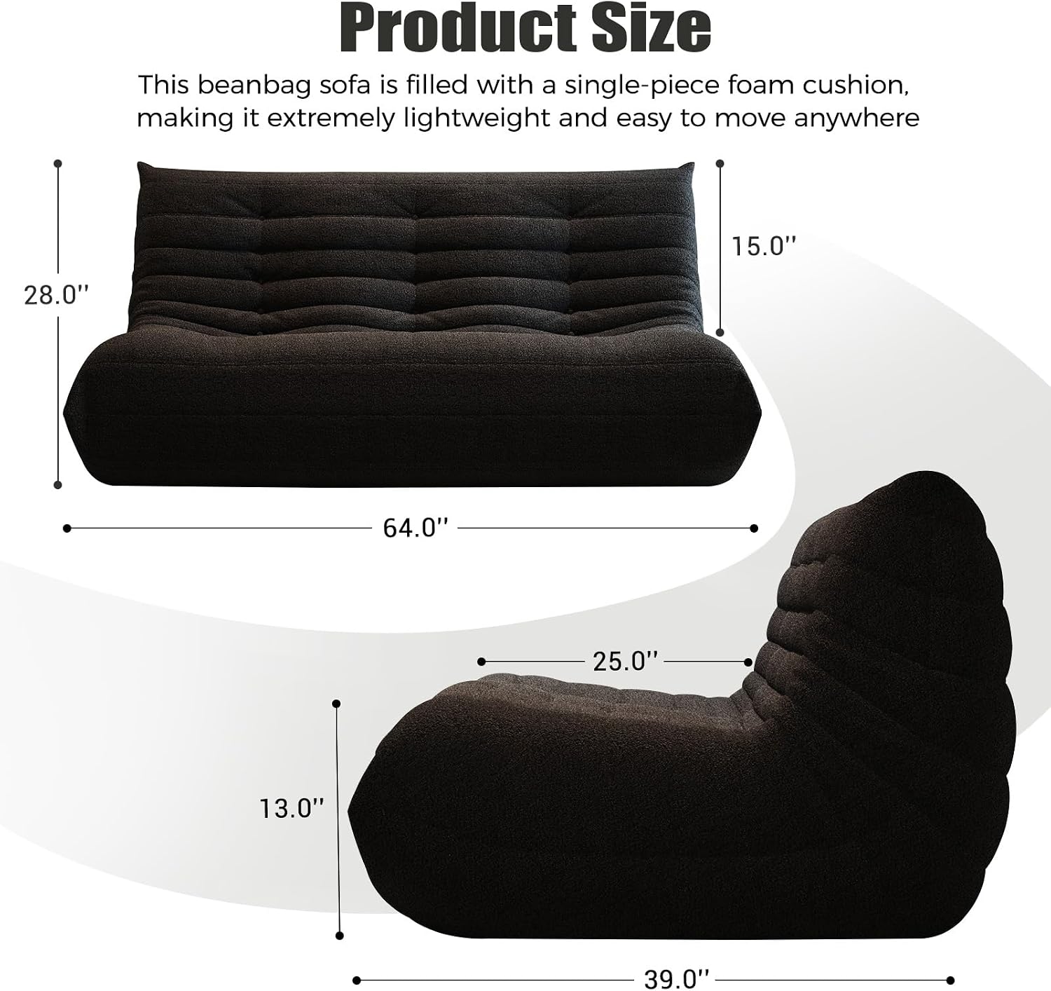 3 Seat Oversized Bean Bag Chairs for Adults, Memory Foam Fireside Beanbag Couch, Comfy Bean Bag Lounger Lazy Sofa for Living Room, Bedroom, Playroom, Black