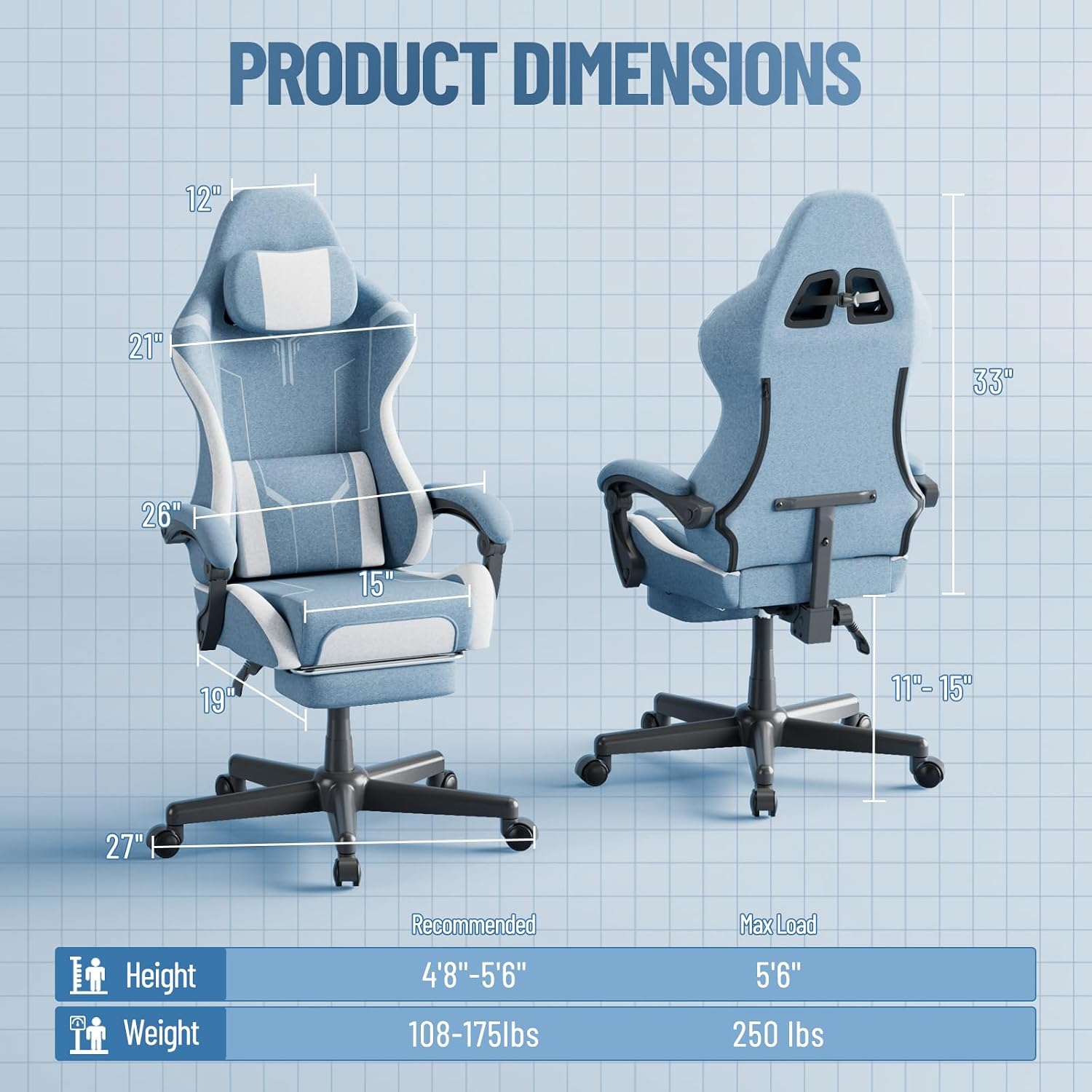 Soontrans Blue Gaming Chair, Fabric Ergonomic Computer Chair with Footrest and Linkage Armrest for Adult, High Back Office Game Chair with Massage Lumbar Support