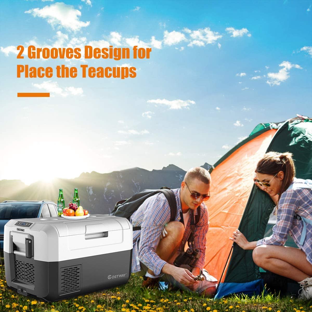 COSTWAY Portable Car Refrigerator, -14.8°F to 50°F, 37-Quart Compressor Travel Fridge with Two-way Open Door, Operating Panel, Groove Design, Compact RV Freezer and Cooler for Outdoor Use