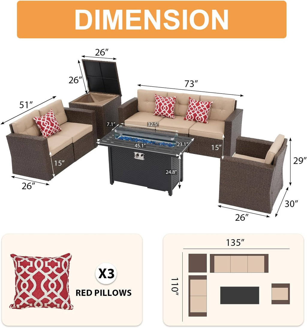 Super Patio 8 Pieces Outdoor Patio Furniture Set with 45' Fire Pit Table, Rattan Patio Conversation Sets with 50000 BTU Gas Fire Pit, Wicker Sectional Sofa Set with Storage Box, Brown(Without Table)