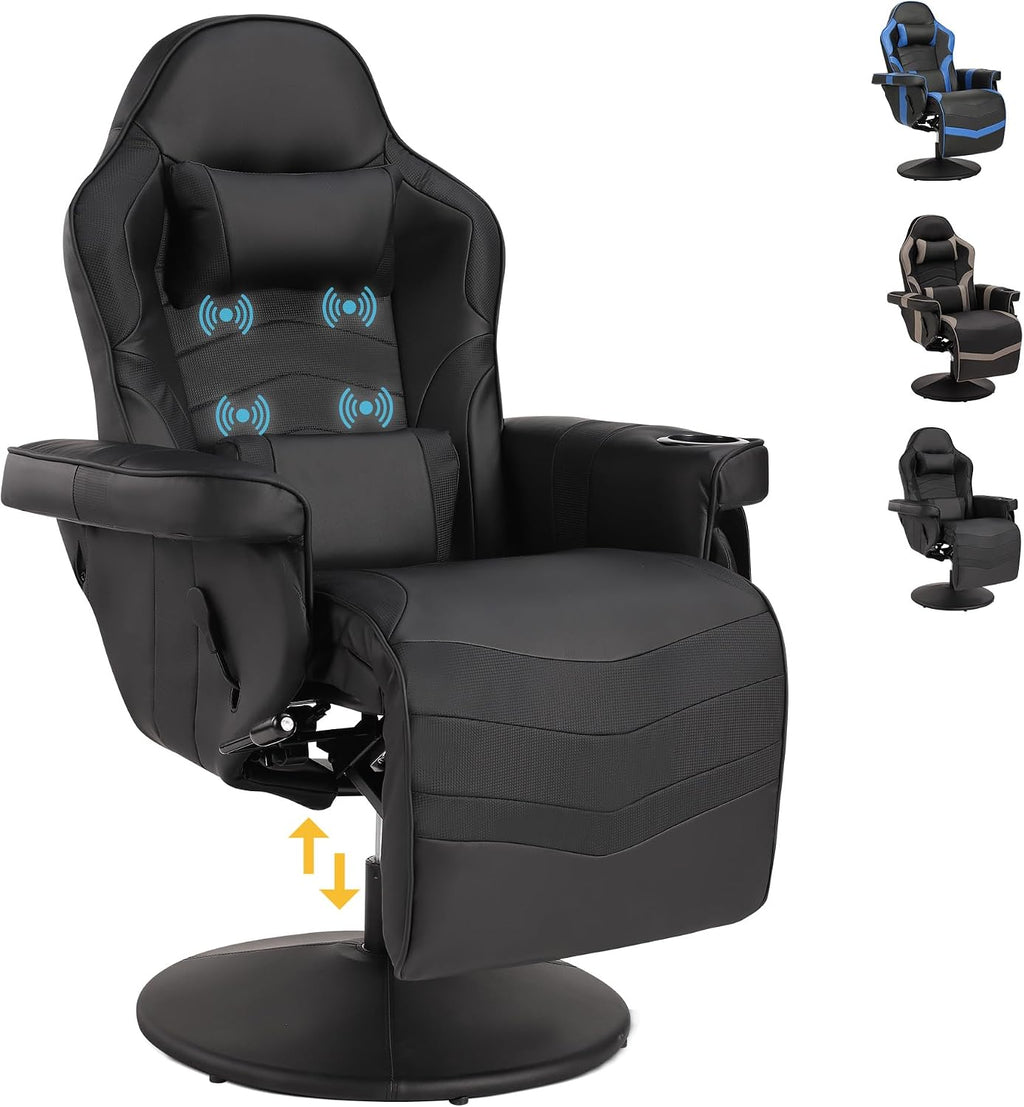 Game Reclining Chair with Adjustable Height, PU Gaming Chair with Massage, Long Footrest and Lumbar Support, High Back Swivel Computer Game Chair for Adult(Black)