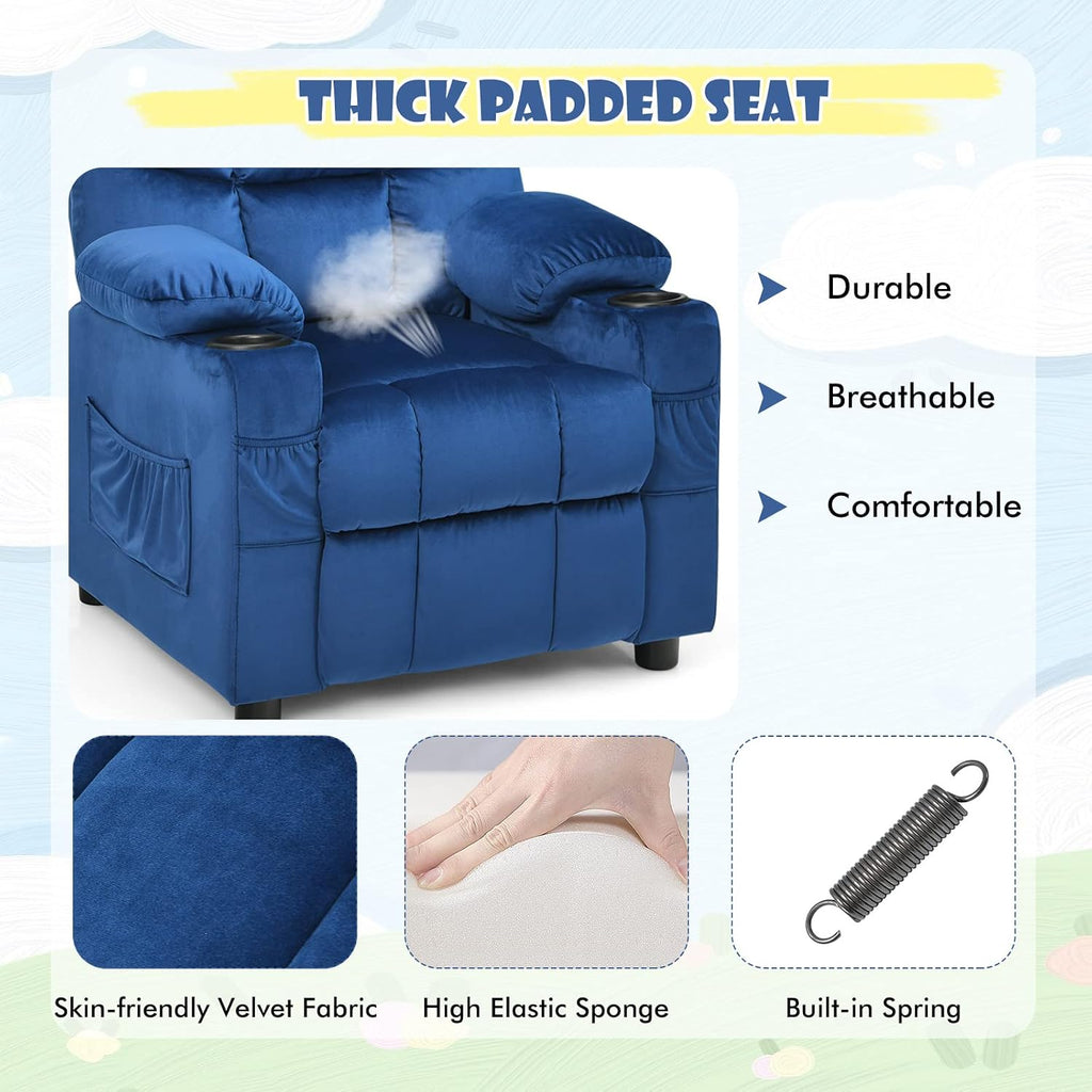 MAT EXPERT Kids Recliner, Velvet Adjustable Reading Chair w/ 2 Cup Holder, 3 Side Pocket Storage & Footrest, Kids Couch Gaming Chair, Toddler Lounge Chair for Boys Girls, Kids Room Playroom (Blue)