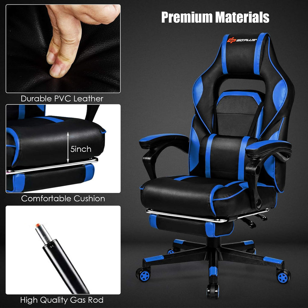 Goplus Massage Gaming Chair, Reclining Backrest, Seat Height Adjustment Racing Computer Office Chair with Footrest, Ergonomic High Back PU Swivel Game Chair (Blue)