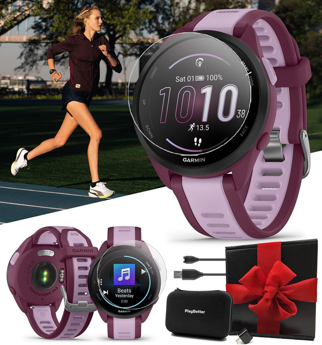 PlayBetter Garmin Forerunner 165 Music (Berry/Lilac) Running GPS Smartwatch Gift Box Bundle - AMOLED Touchscreen, 11-Day Battery, Training - Includes HD Screen Protectors, Wall Adapter & Case