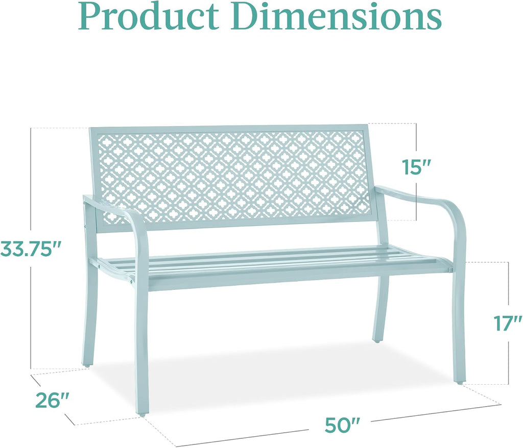 Best Choice Products Outdoor Bench 2-Person Metal Steel Benches Furniture for Garden, Patio, Porch, Entryway w/Geometric Backrest, 790lb Capacity - Sky Blue