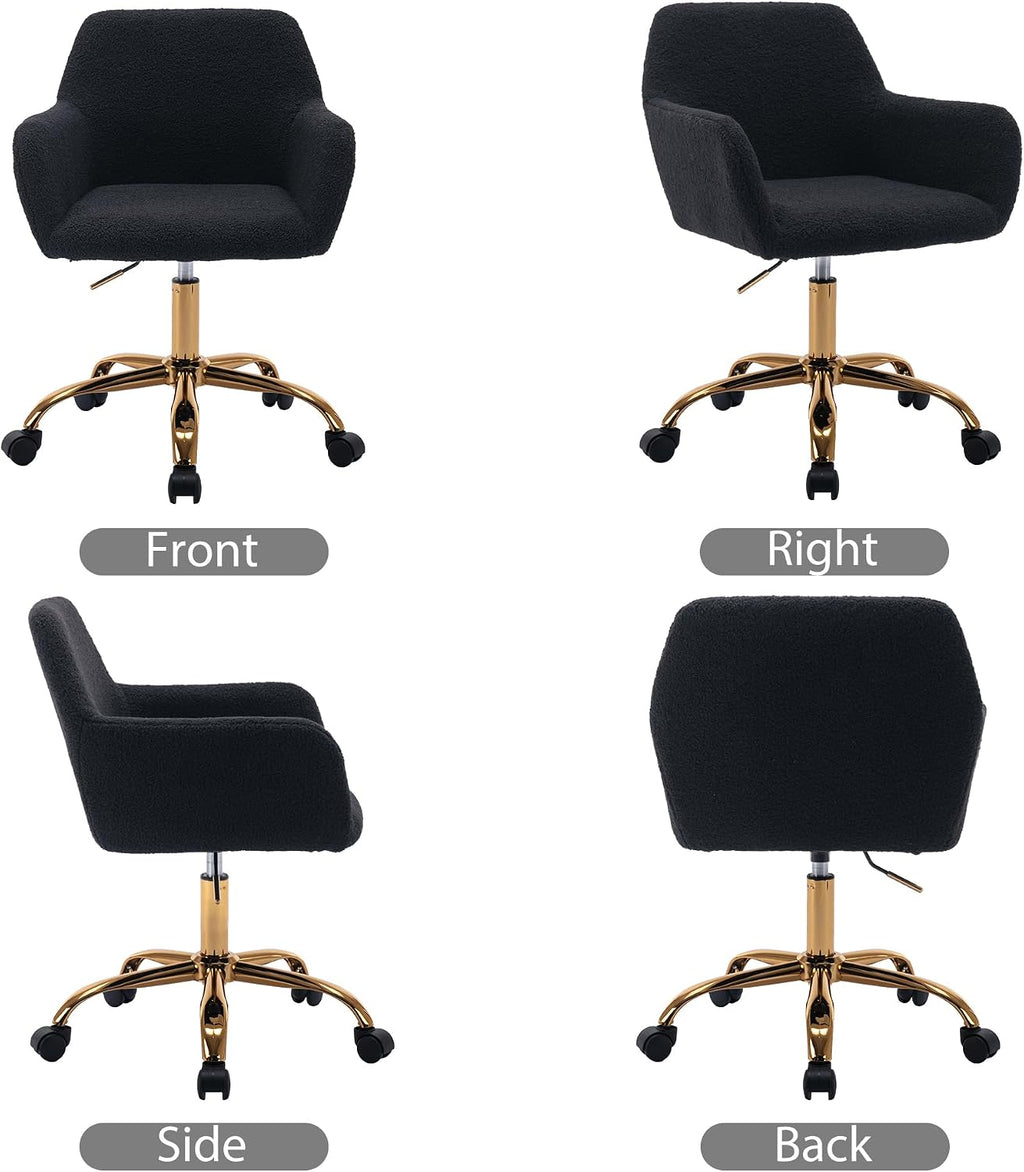 KCC Faux Fur Office Desk Chair, Comfy Swivel Armchair with Wheels, Upholstered Fuzzy Vanity Chair, Adjustable Seat Height, Black