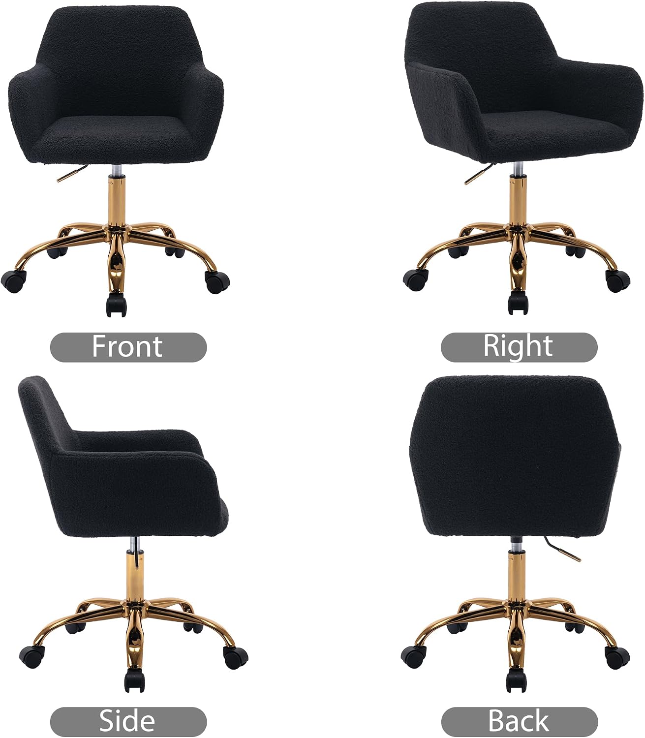KCC Faux Fur Office Desk Chair, Comfy Swivel Armchair with Wheels, Upholstered Fuzzy Vanity Chair, Adjustable Seat Height, Black