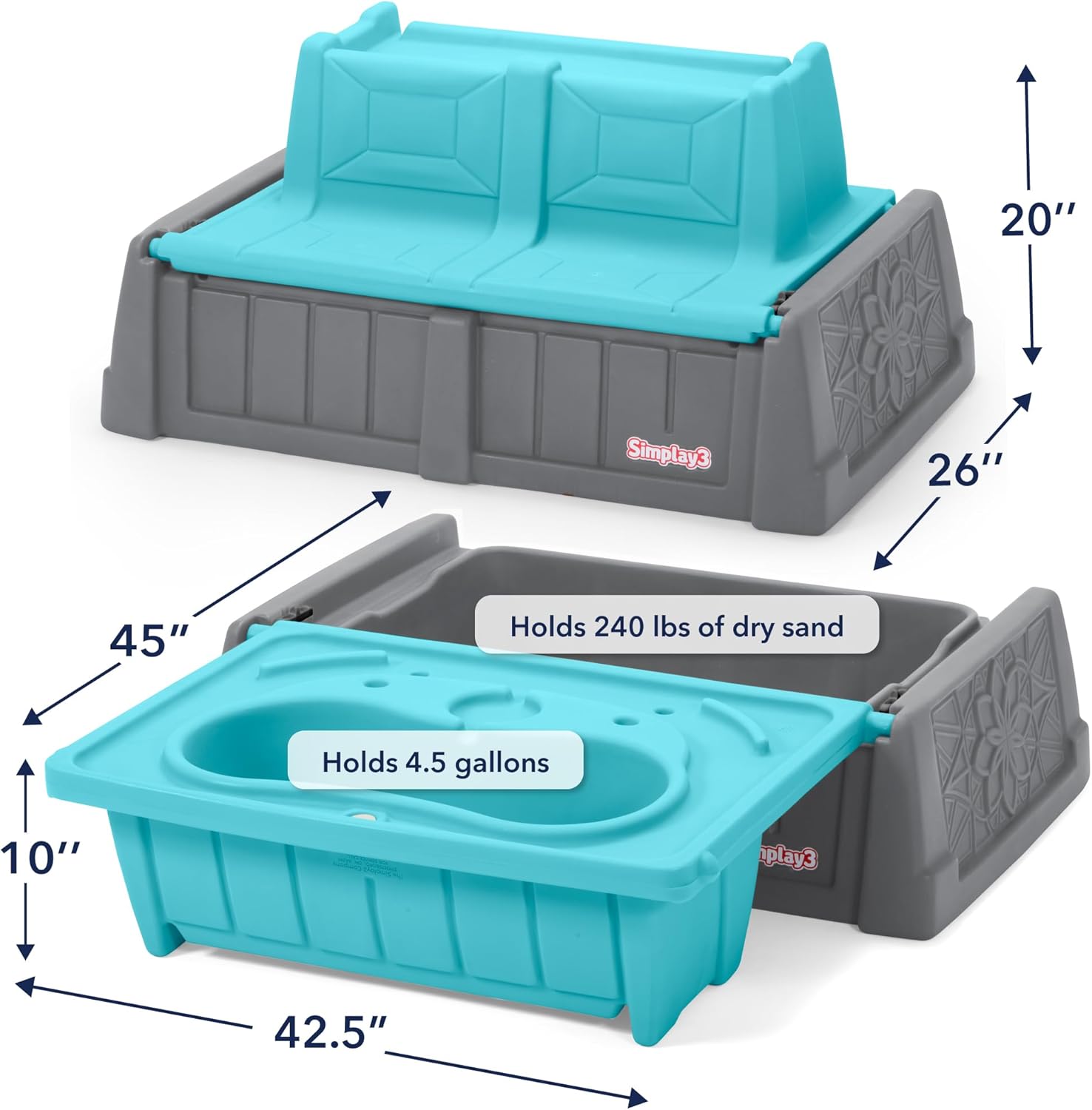 Simplay3 Sand and Water Kids Bench, 2-in-1 Sand and Water Table with Outdoor Storage Bench, Gray and Teal