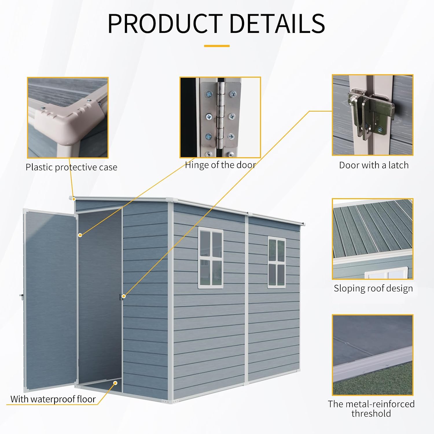 KUIKUI 8x4ft Shed with Floor Included, Outdoor Storage Plastic Resin Lean to Shed with 2 Windows and Lockable Door, Backyard Storage Sheds for Garden Tools, Bike, Grey