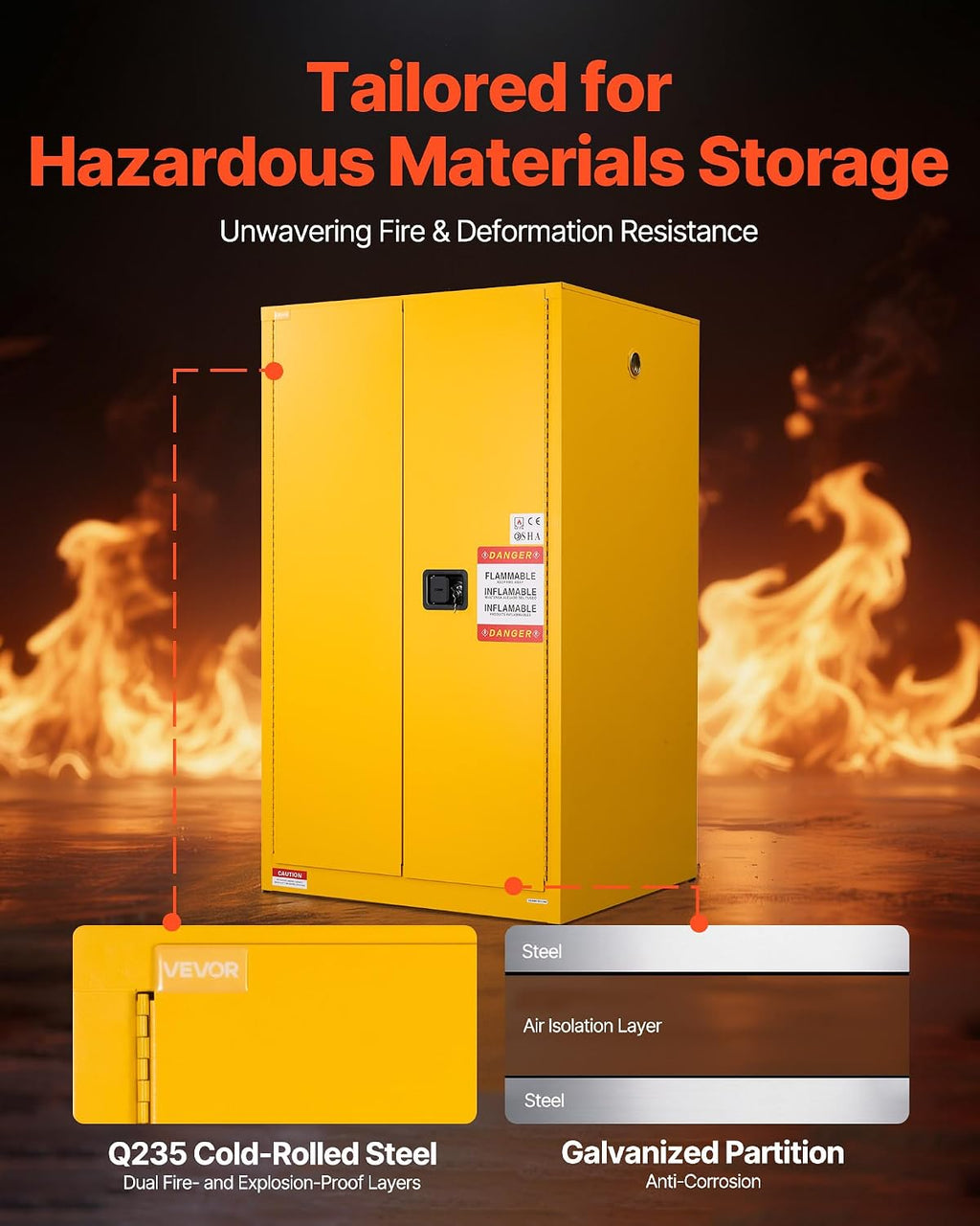 VEVOR Flammable Cabinet 34' x 38' x 65', 65 Gallon Flammable Storage Cabinet with Adjustable Shelf, Cold-Rolled and Galvanized Steel Fire Cabinets, for Commercial Industrial Home Use, Yellow