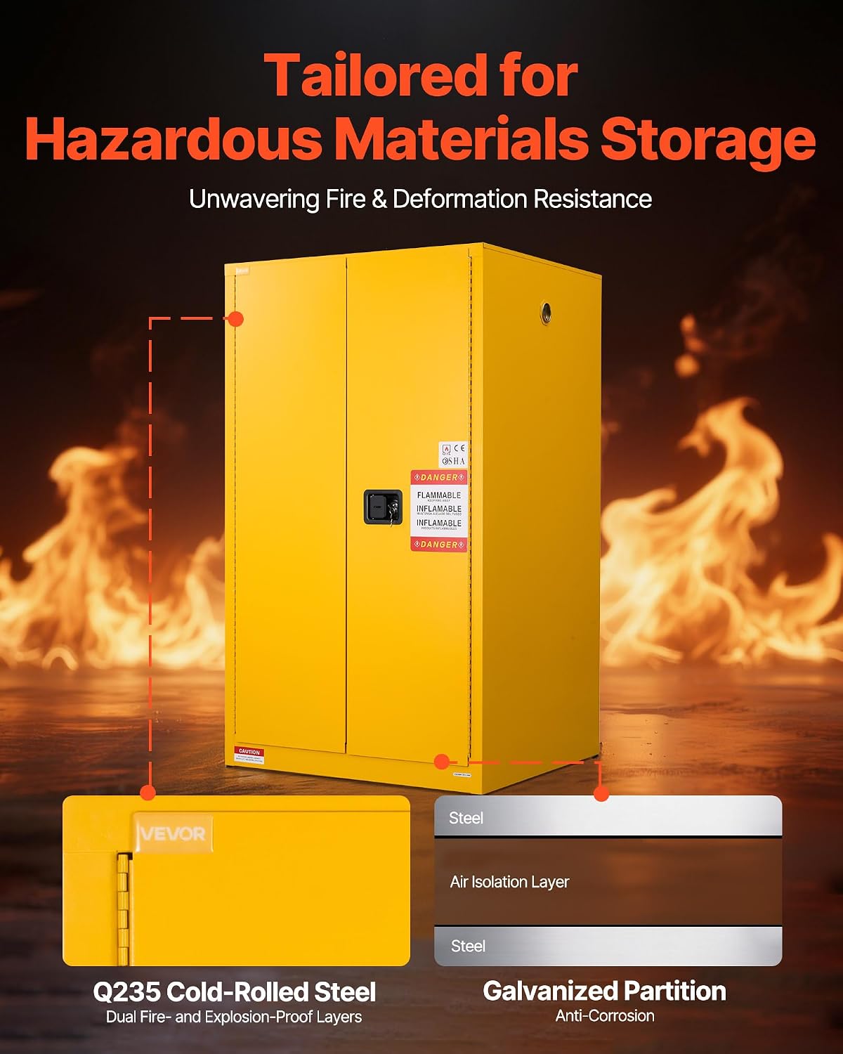 VEVOR Flammable Cabinet 34' x 38' x 65', 65 Gallon Flammable Storage Cabinet with Adjustable Shelf, Cold-Rolled and Galvanized Steel Fire Cabinets, for Commercial Industrial Home Use, Yellow