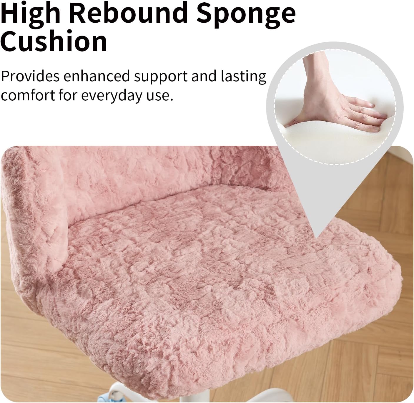 Shenyon Pink Faux Fur Vanity Chair, Adjustable Swivel Home Office Chair with Colorful Wheels and Metal Base, Cute Makeup Chair for Women, Teens & Girls(Pink)