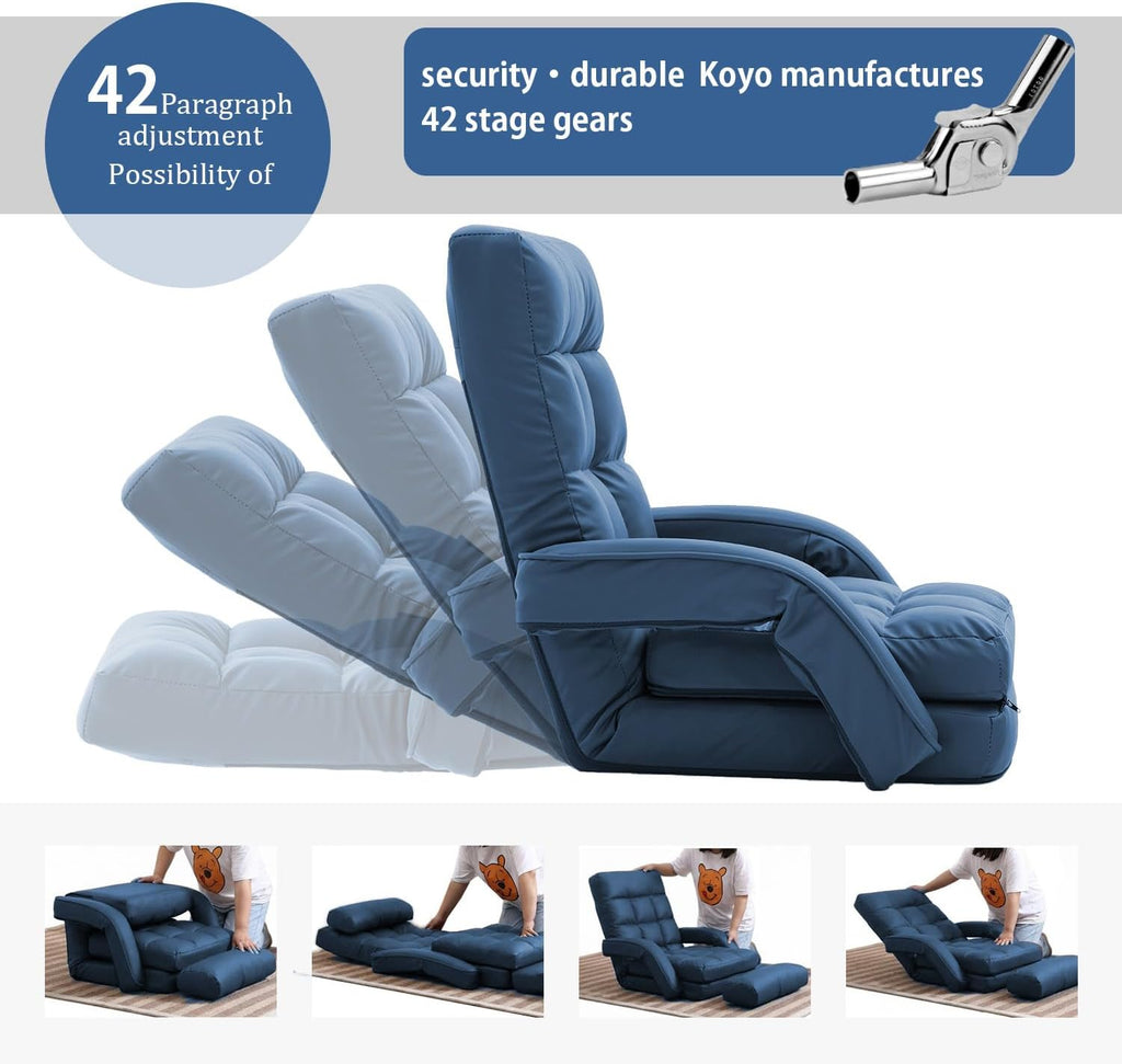 Floor Chair, Floor Gaming Chair with 14 Adjustable Position&Back Support, Folding Lounge Chair with Armrest for Adults, Lazy Sofa Lounger with Comfy Cushion for Living Room,Bedroom,PU,Blue