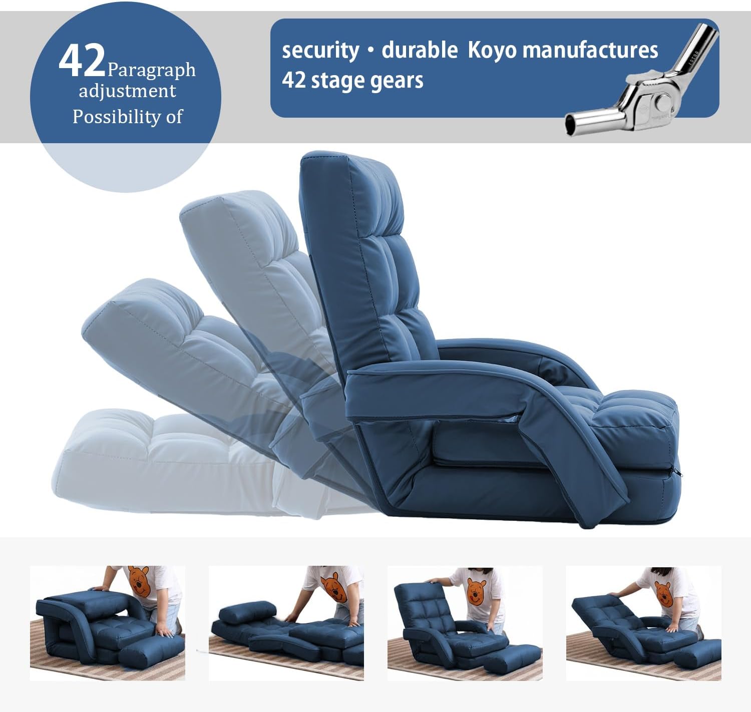 Floor Chair, Floor Gaming Chair with 14 Adjustable Position&Back Support, Folding Lounge Chair with Armrest for Adults, Lazy Sofa Lounger with Comfy Cushion for Living Room,Bedroom,PU,Blue