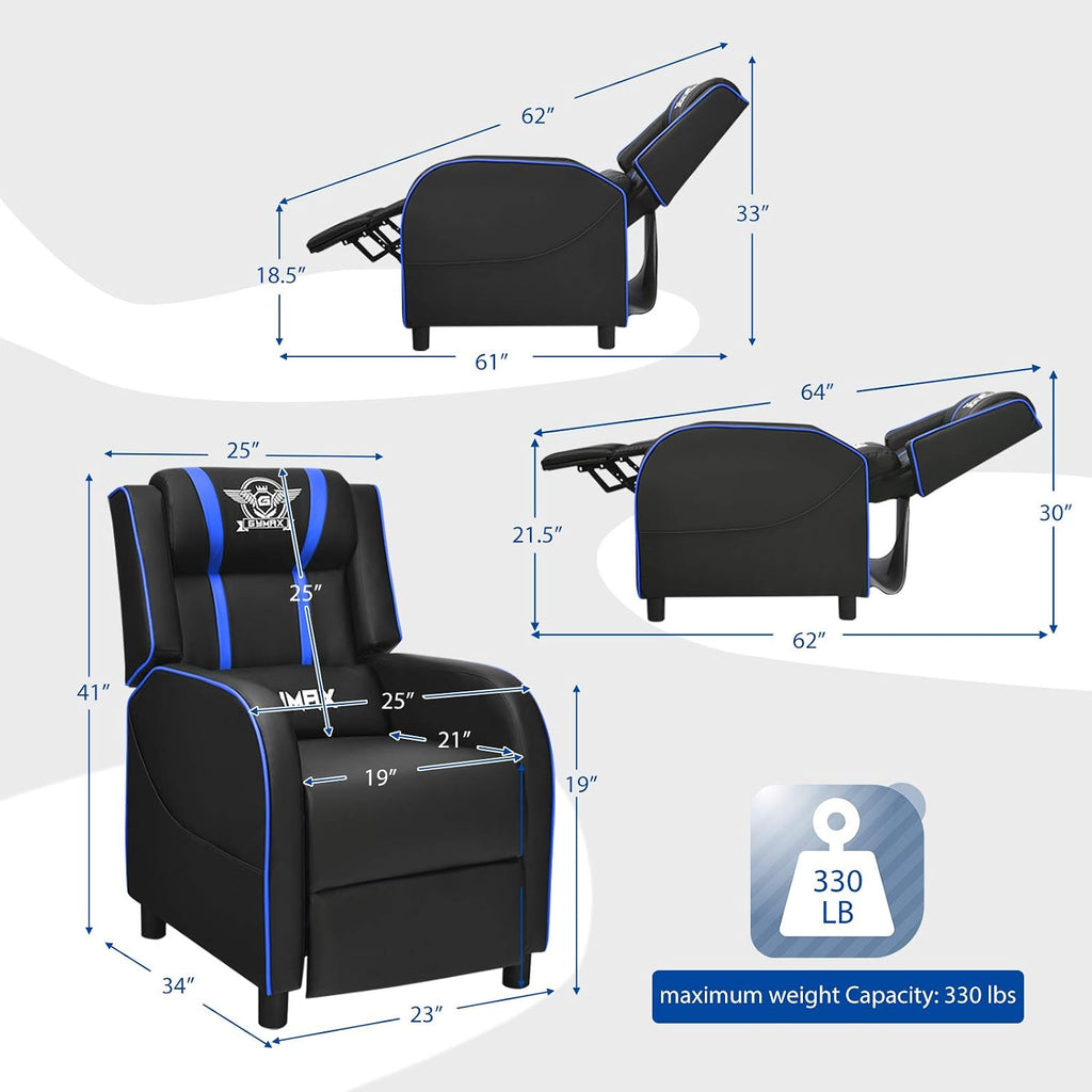 POWERSTONE Gaming Recliner Chair, Reclining Gaming Chairs for Adults Ergonomic Leather Sofa with Footrest Lumbar Support Headrest and Side Pouch for Living Room Home Theater, Blue