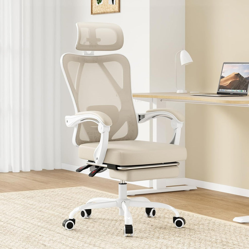 Farini Office Chair with Headrest, Ergonomic Mesh Office Chair with Footrest, High Back Desk Chair with Adjustable Lumber, Swivel Computer Chair for Home Office Study Room, White and Khaki