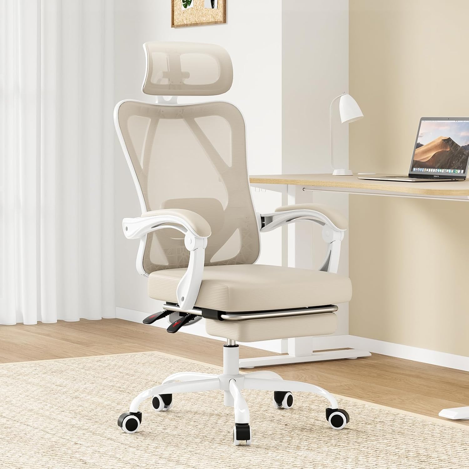 Farini Office Chair with Headrest, Ergonomic Mesh Office Chair with Footrest, High Back Desk Chair with Adjustable Lumber, Swivel Computer Chair for Home Office Study Room, White and Khaki