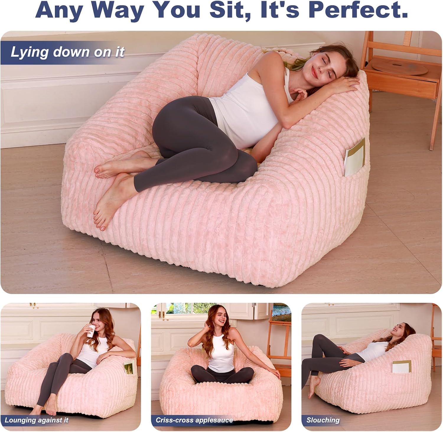 Bean Bag Chair with Memory Foam Filling- Large Stuffable Soft Giant Beanbag Reading Chair, Adults Lounge Gaming Lazy Sofa Bed for Living Room Bedroom- Pink,Stripe Fur