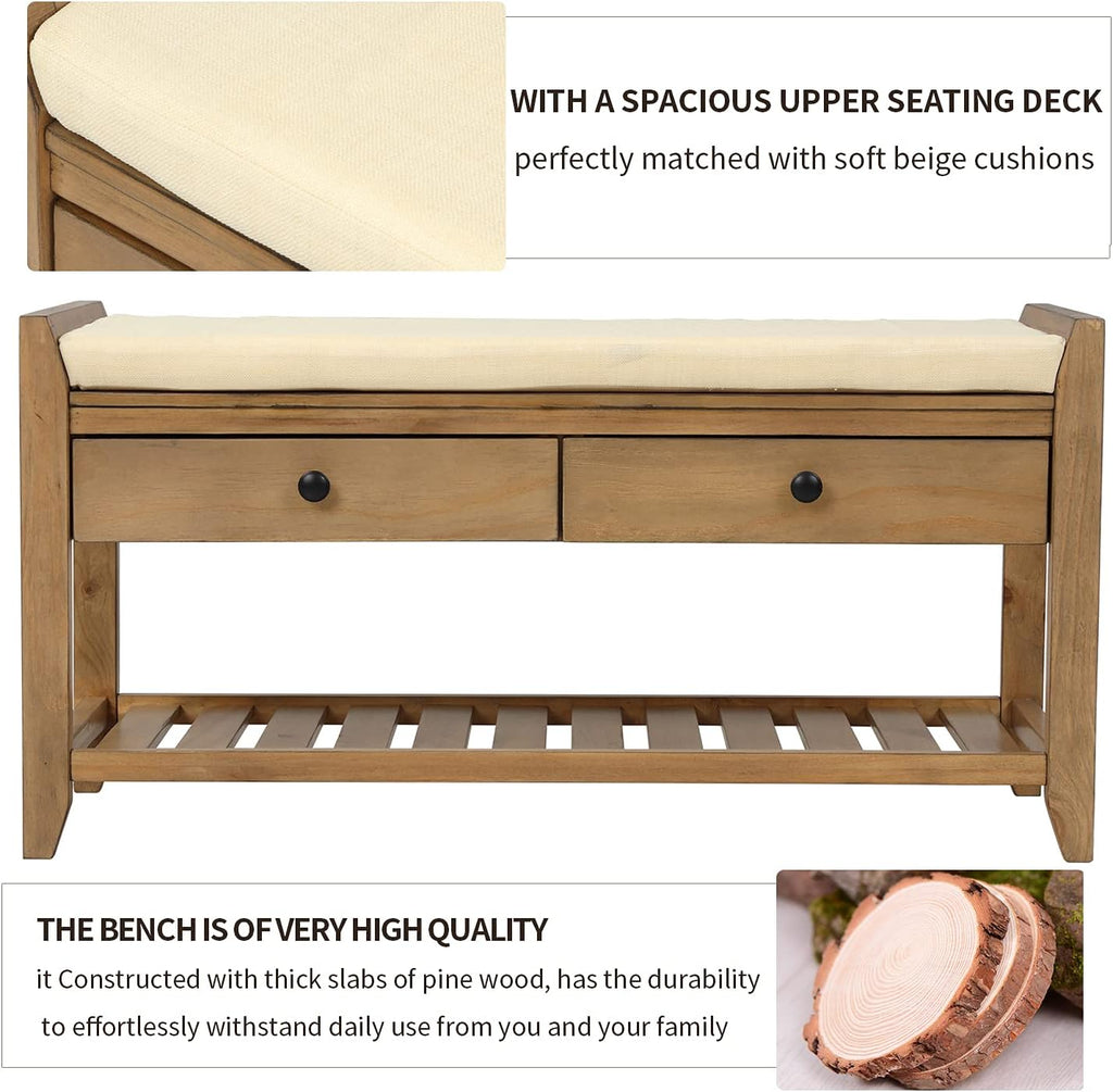 Harper & Bright Designs TREXM Shoe Rack with Cushioned Seat and Drawers, Multipurpose Entryway Storage Bench (Old Pine)