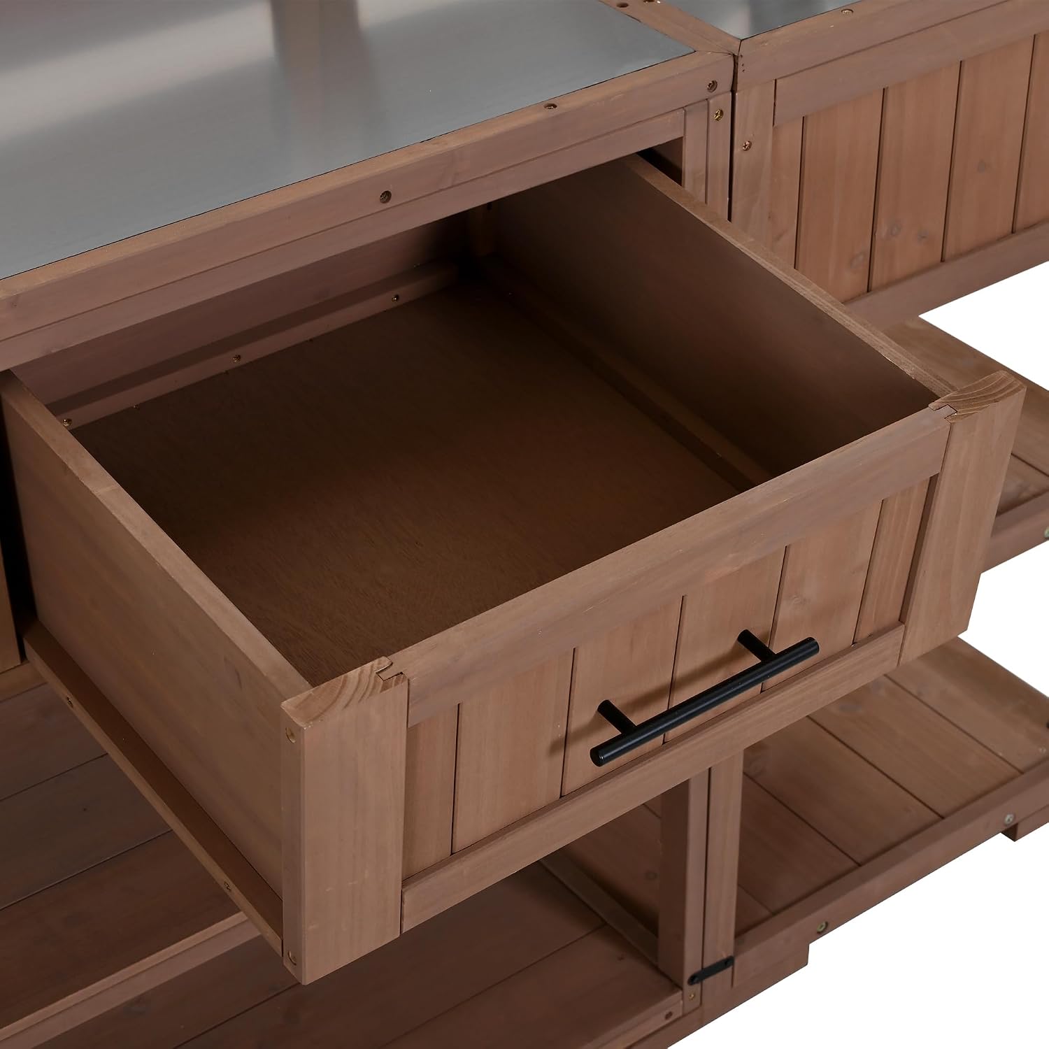 62.3'' Patio Kitchen Island, Solid Wood Kitchen Cart with Stainless Table Top, Garden Potting Bench with Raised Shelf and Drawers, Grill Prep Table for BBQ, Party (Brown-62.3'')