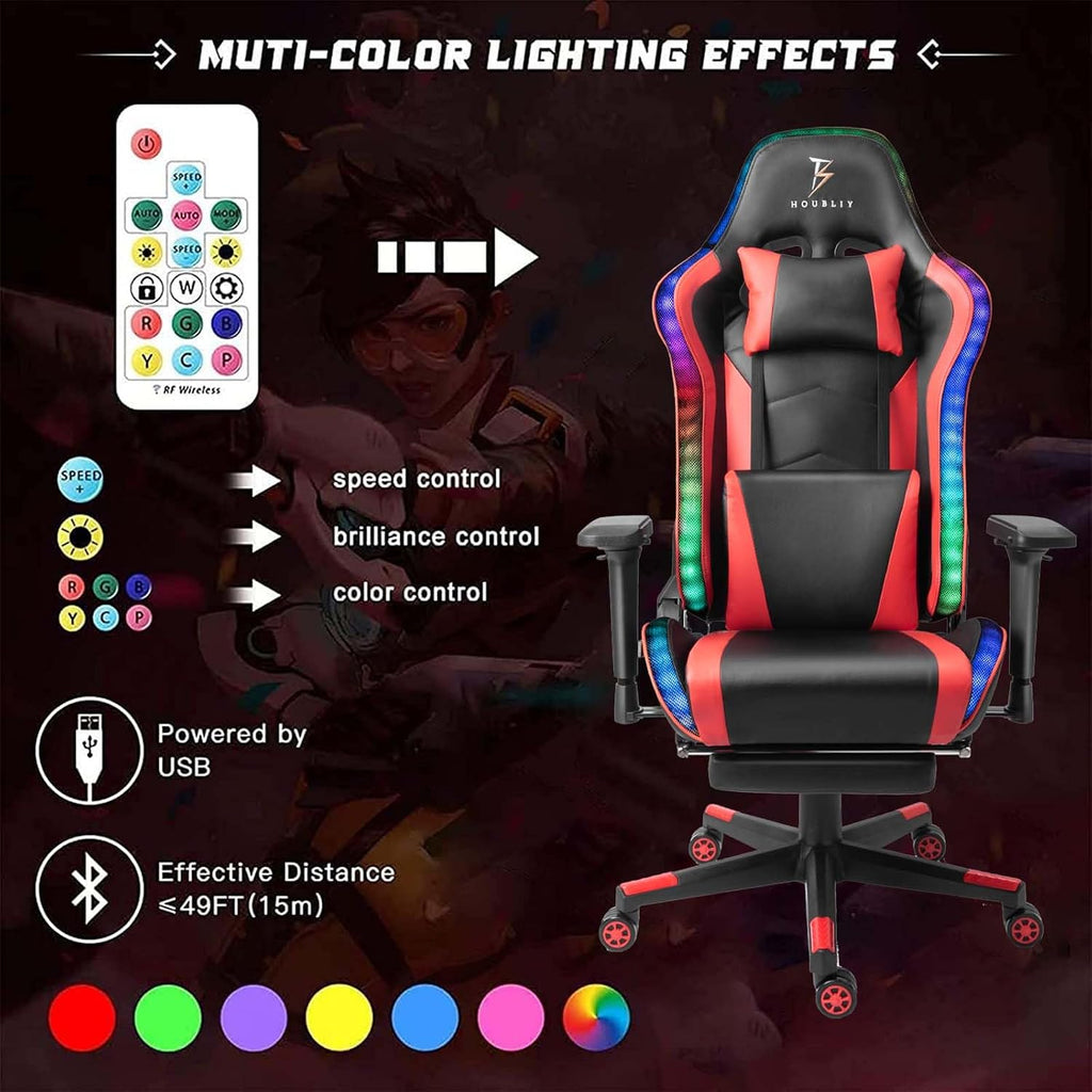 Ergonomic Gaming Chair with RGB and Massage Function, Video Gaming Chair with Speakers, Footrest and Lumbar Support, Reclining Gaming Chair Office Chair for Adults, Teens,Red