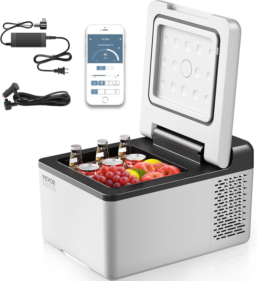 VEVOR 12 Volt Car Refrigerator Fridge, 9 L Single Zone Portable Freezer, -4℉-68℉ Adjustable Range, 12/24V DC and 100-240V AC Compressor Cooler for Outdoor, Camping, RV, Grey
