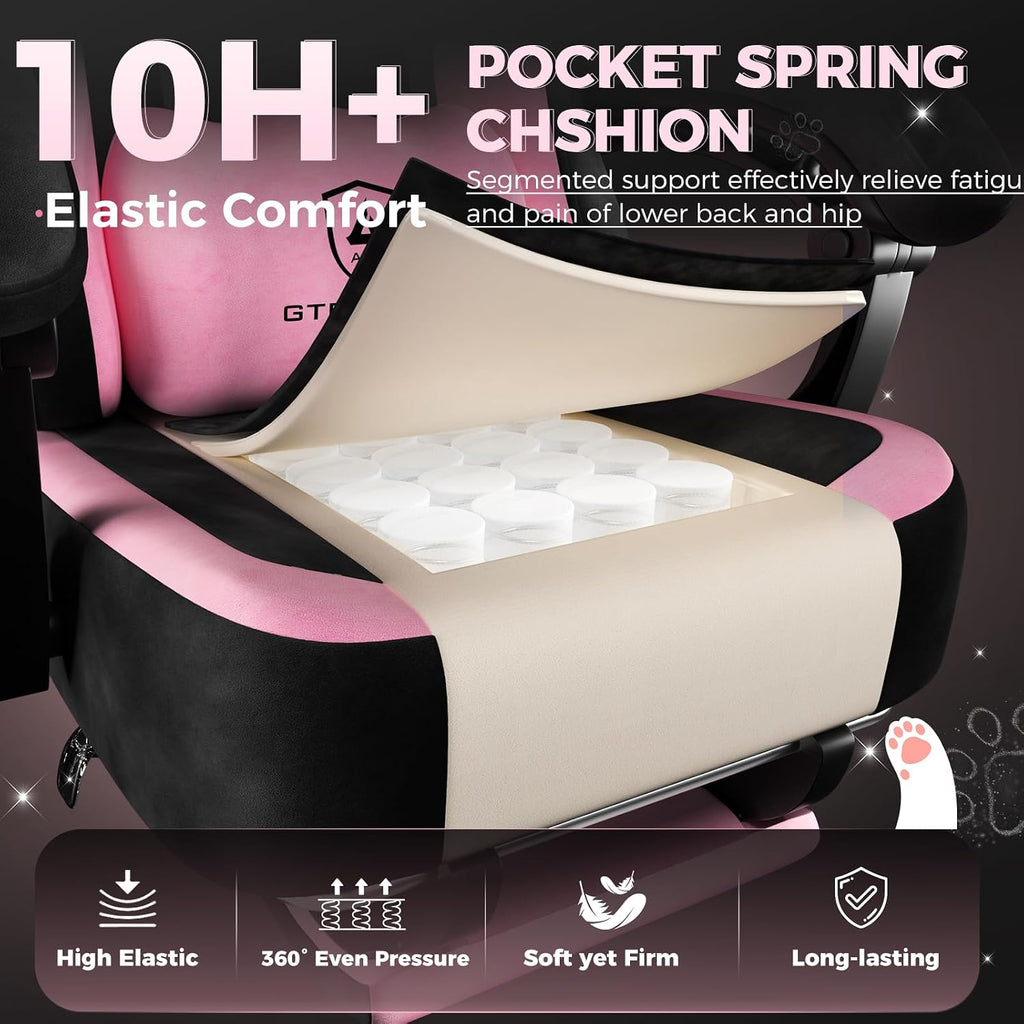 GTPOFFICE Cute Gaming Chair with Cat Ears,Ergonomic Computer Chair with Footrest Cat Paw Lumbar Support Comfortable Reclining Game Chair Desk Chair for Adult Teens, Soft Fabric, Pink Black
