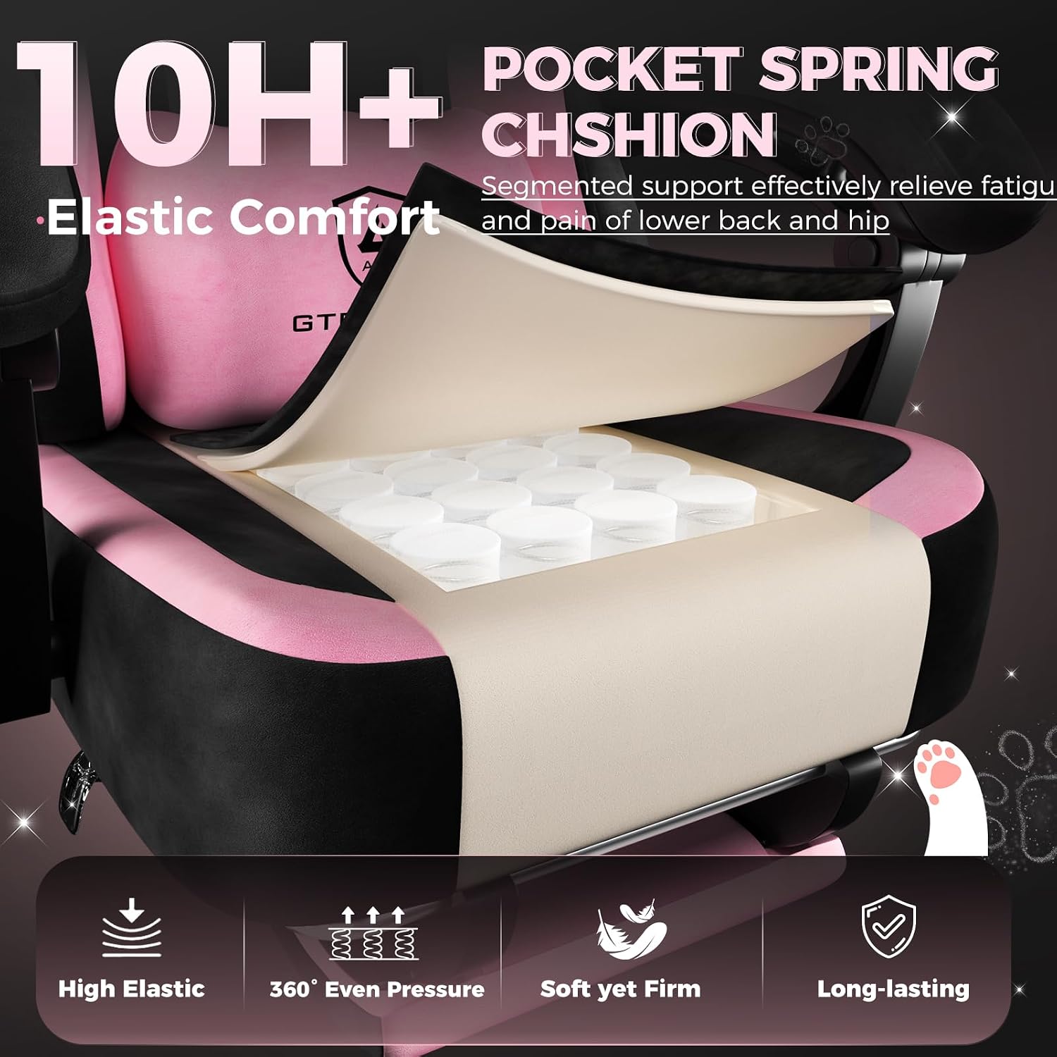 GTPOFFICE Cute Gaming Chair with Cat Ears,Ergonomic Computer Chair with Footrest Cat Paw Lumbar Support Comfortable Reclining Game Chair Desk Chair for Adult Teens, Soft Fabric, Pink Black