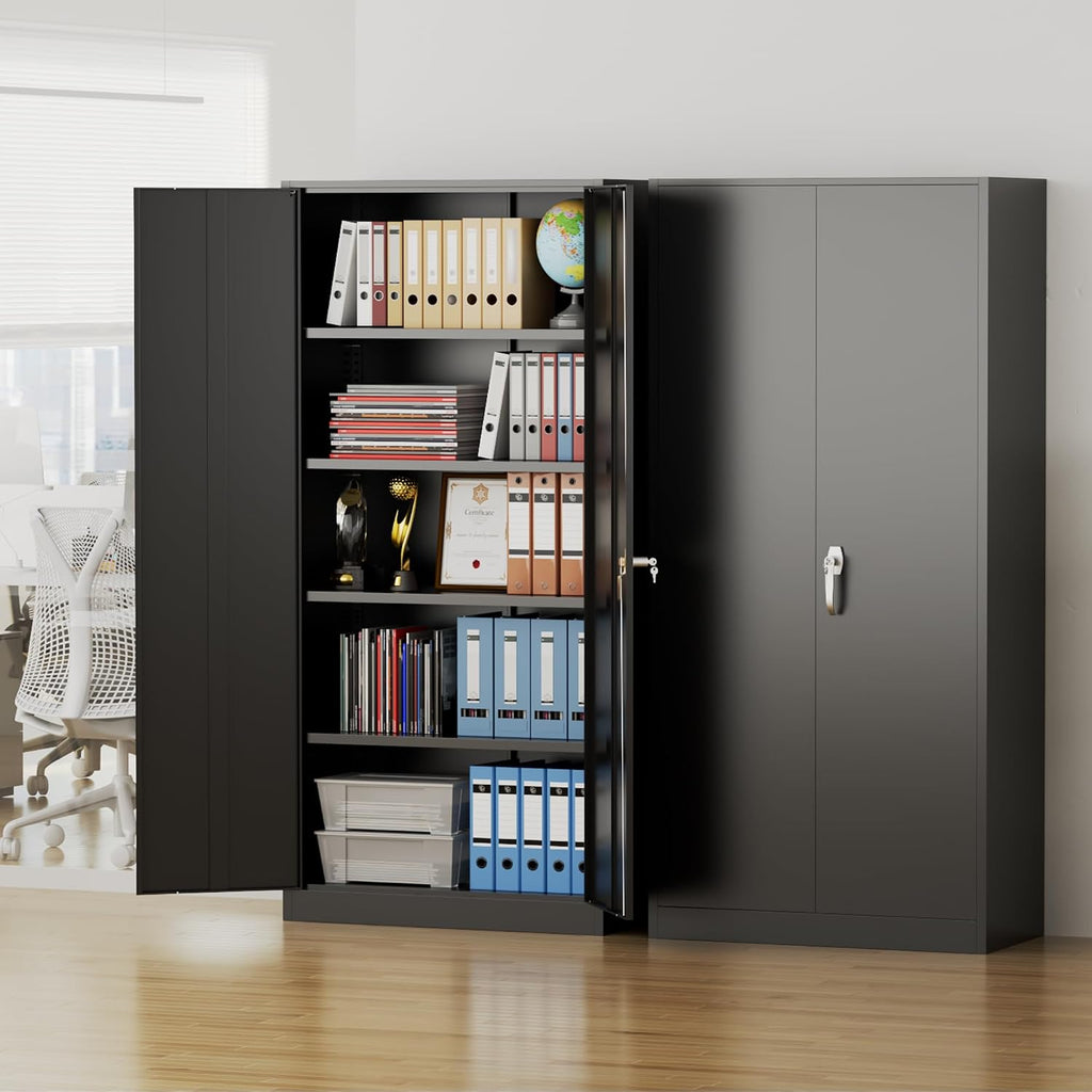 Pataku Metal Storage Cabinet, 72' Garage Cabinet with Doors and Shelves Lockable Steel Multifunctional Cabinets, Black File Cabinets for Home, Office, Garage, Warehouse(Black)