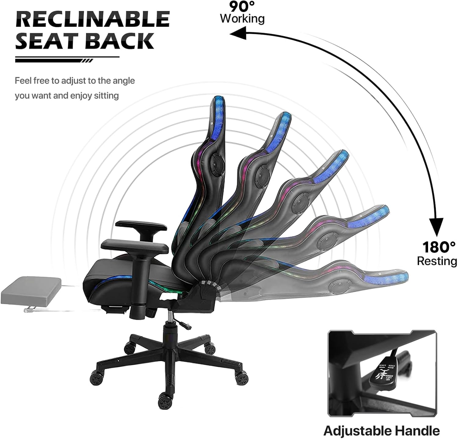 XOOFMASS Massage Gaming Chair with LED Light, Gaming Chair with Speakers, Office Chair with Footrest Ergonomic High Back PU Swivel Game Chair for Teens,Black