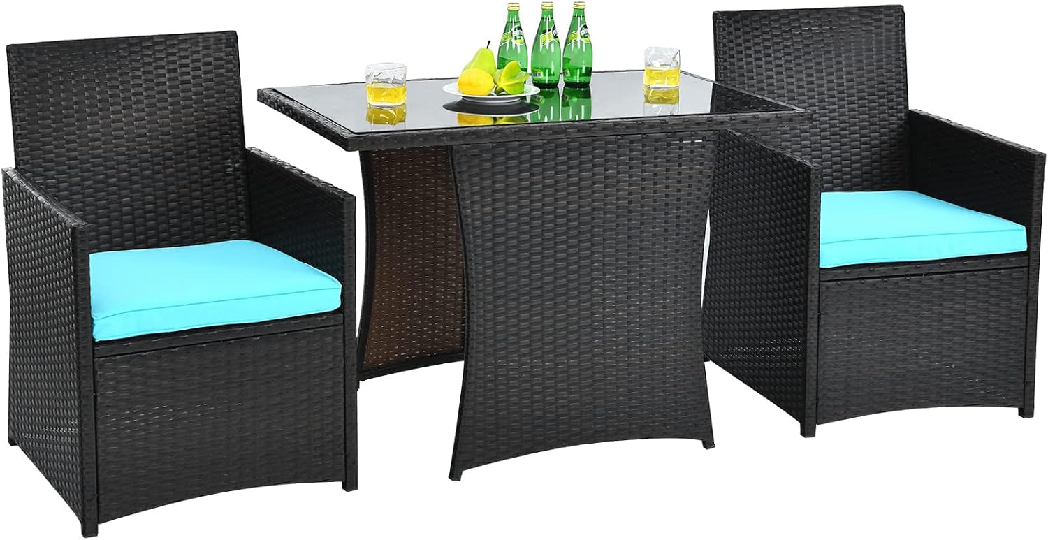 DORTALA Wicker Patio Bistro Set 3 Piece, Outdoor Table and Chairs with Tempered Glass Tabletop, Cushions, Small Rattan Furniture Conversation Sofa Set for Balcony, Porch, Backyard, Deck, Turquoise