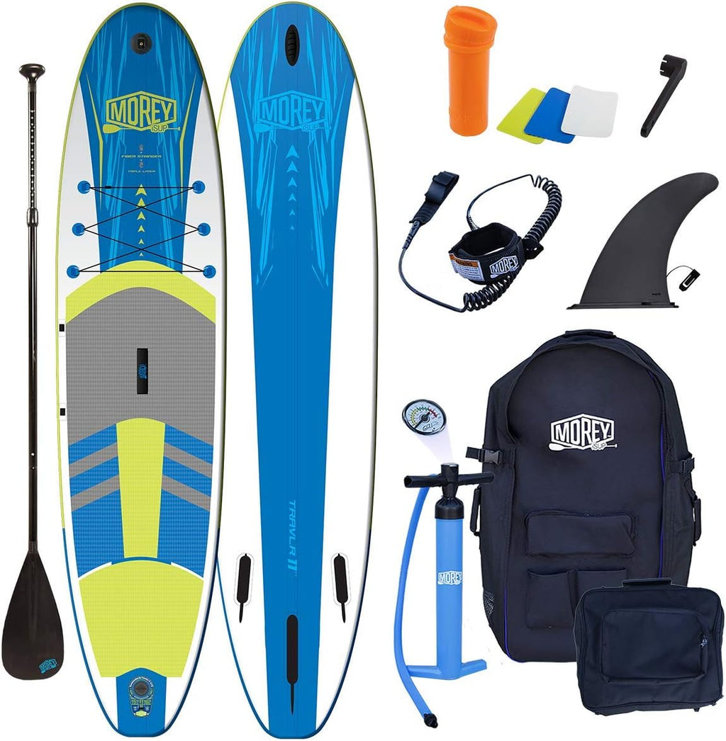 Morey 11 Foot - TRAVLR Inflatable Stand Up Paddle Board Triple Layer Stringer Durable Backpack, high Pressure Hand Pump with Gauge, Coil Leash, Built-in Camera Mounting System