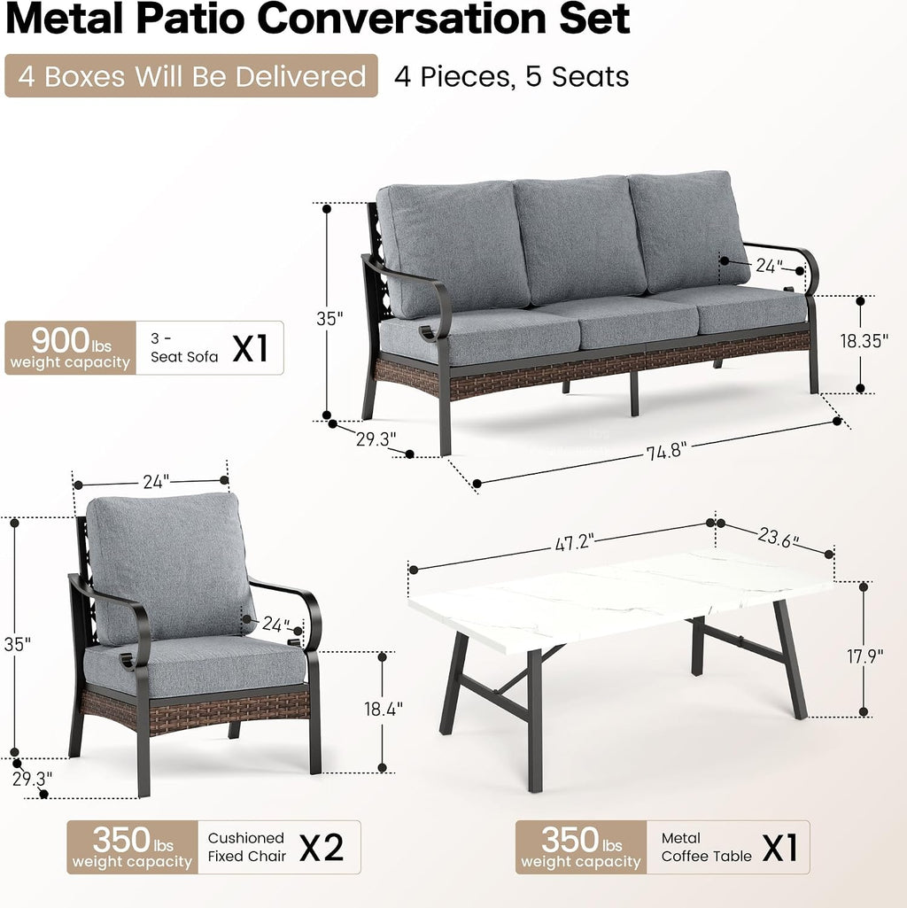 SUNSHINE VALLEY 4 Piece Metal Outdoor Patio Furniture Set, Patio Conversation Sets 1 3-Seater Sofa, 2 Chairs with 5.75' Extra Thick Cushion and Coffee Table, Black Frame Backyard Furniture, Gray