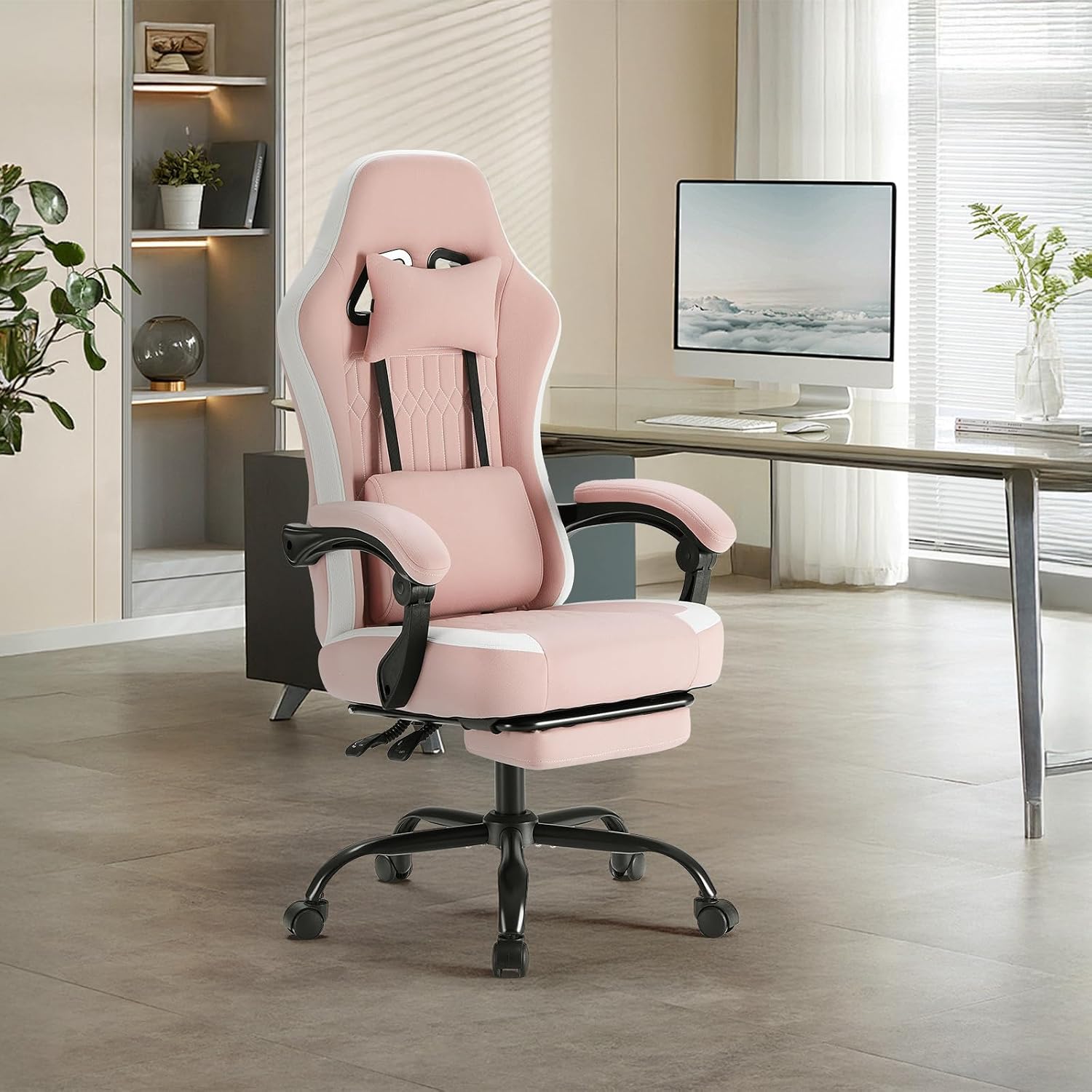 Sweetcrispy Video Gaming Chair - Ergonomic Desk Chair with Footrest and Lumbar Support, Height Adjustable High Back Task Chair with Linkage Armrests and Headrest, 360° Wheels, Pink