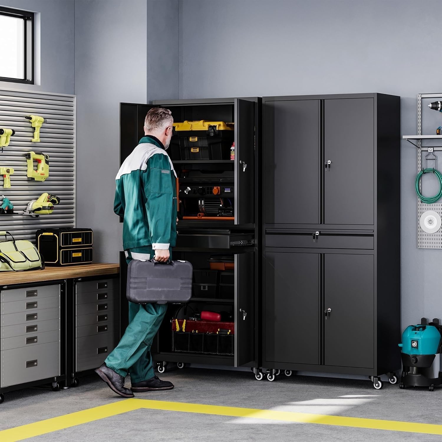 Letaya Metal Garage Storage Cabinet with Wheels,Rolling Tool Cabinet with 4 Door Lock-Adjustable Shelves and 1 Drawer for Garage Home Office Utility Room (Black with Wheels)