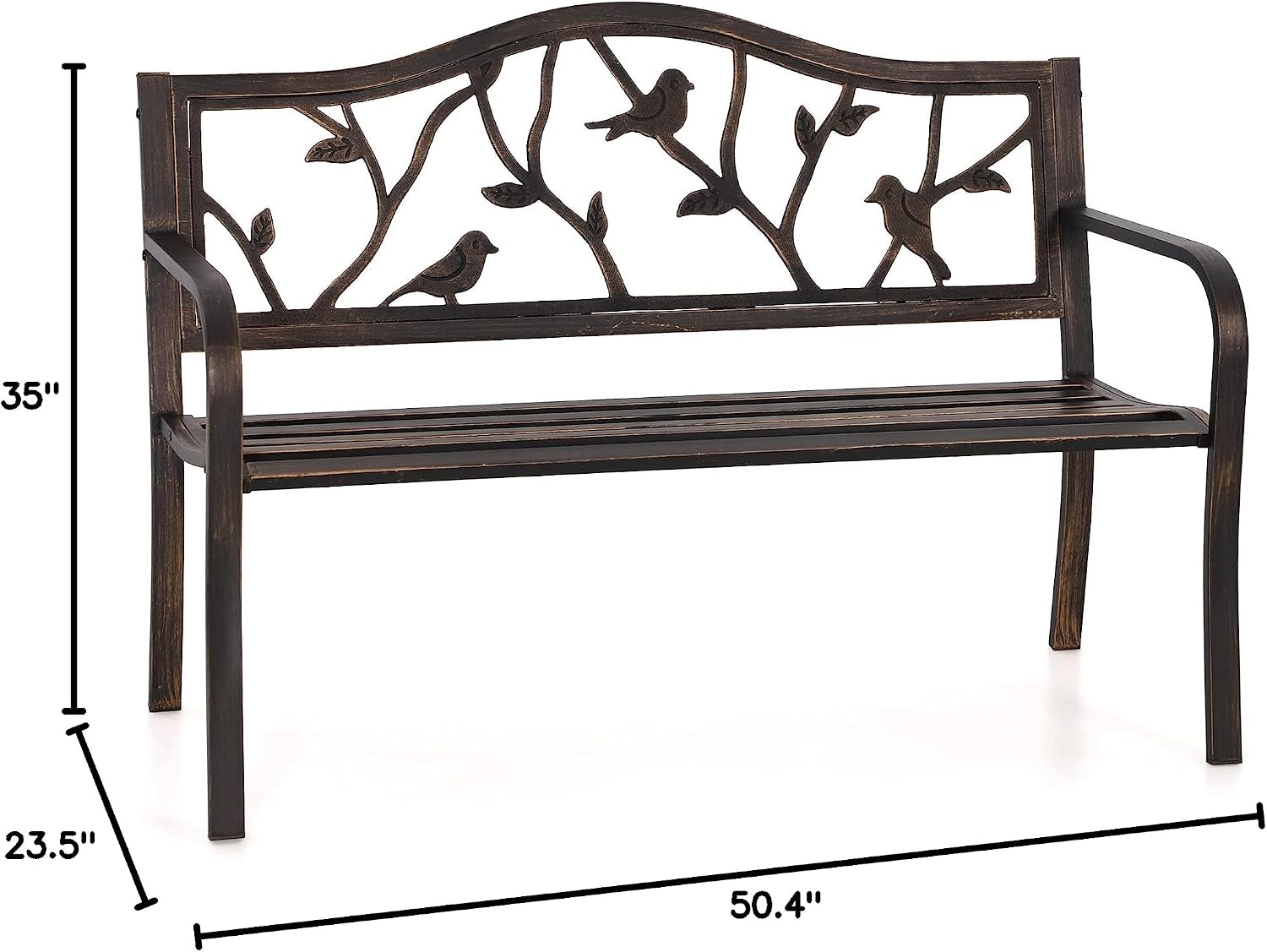 PHI VILLA Outdoor Garden Park Bench Patio 50' Metal Bench, Steel Frame Bench with Backrest and Armrests for Porch, Lawn, Balcony, Backyard and Indoor, Bronze