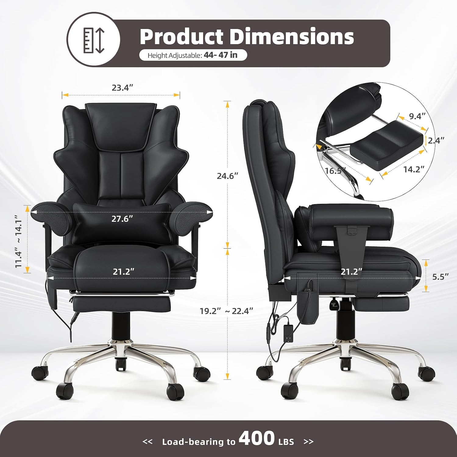 7-Point Massage Office Chair,Heated Desk Manageral Chair,Ergonomic Executive Chair with Footrest,Adjustable Armrest，Computer Chair for Offices, Study Areas, Gaming Spaces,Black