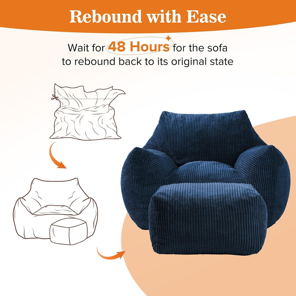 Big Bean Bag Chair for Adults, Ultra Soft Living Room Bean Bag with Armrests & Ottoman, Stuffed BeanBag Chair for Napping, Gaming, Vacuum-Compressed for Easy Gifting, 48h to Expand,Navy Blue