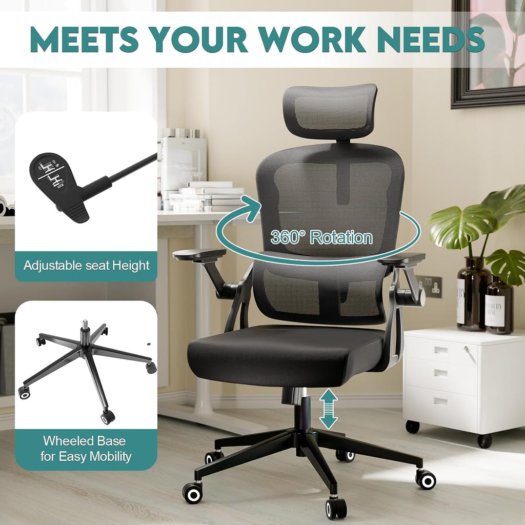 Monhey Ergonomic Office Desk Chair, 90°-125° Tilt Back Home Desk Chair with 360° Swivel & Mute Wheels, High Back Mesh Computer Chair for Adults with Lumbar Support, 330 LBS Capacity(05Black)