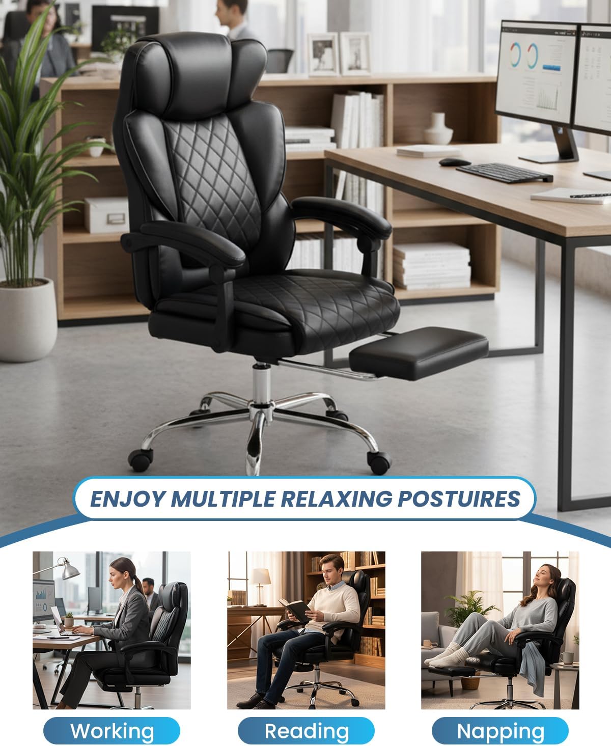 500LBS Massage Office Chair with Foot Rest, 6 Points Vibration and Heat Home Office Desk Chairs, 22.05' Wide Big and Tall Office Chair for Heavy People, Ergonomic Reclining Gaming Chairs, Black