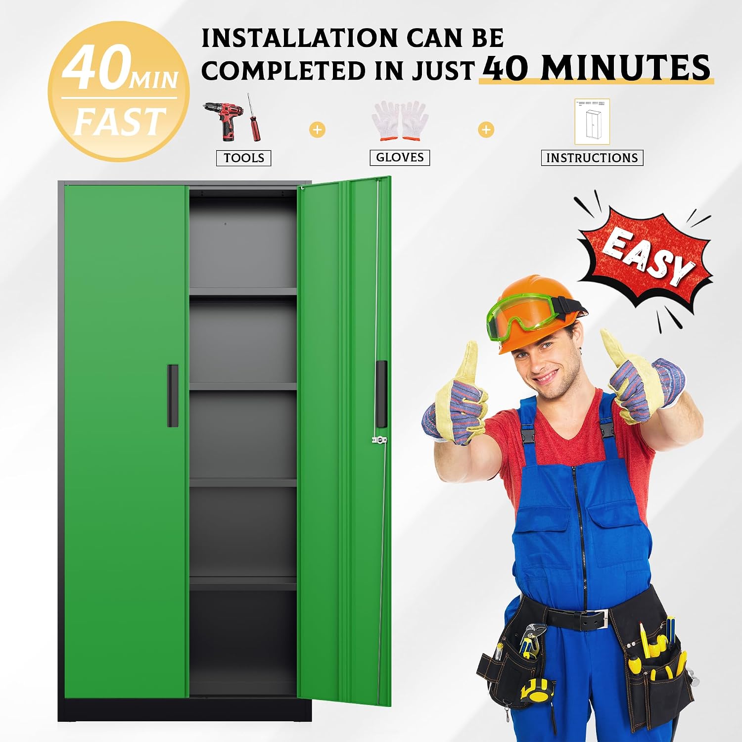 SUNCROWN 72' Metal Storage Cabinet - Heavy-Duty Metal Garage Cabinet with 4 Adjustable Shelves & 2 Doors for Tools, Office, Home, Workshop,Black & Green-Small