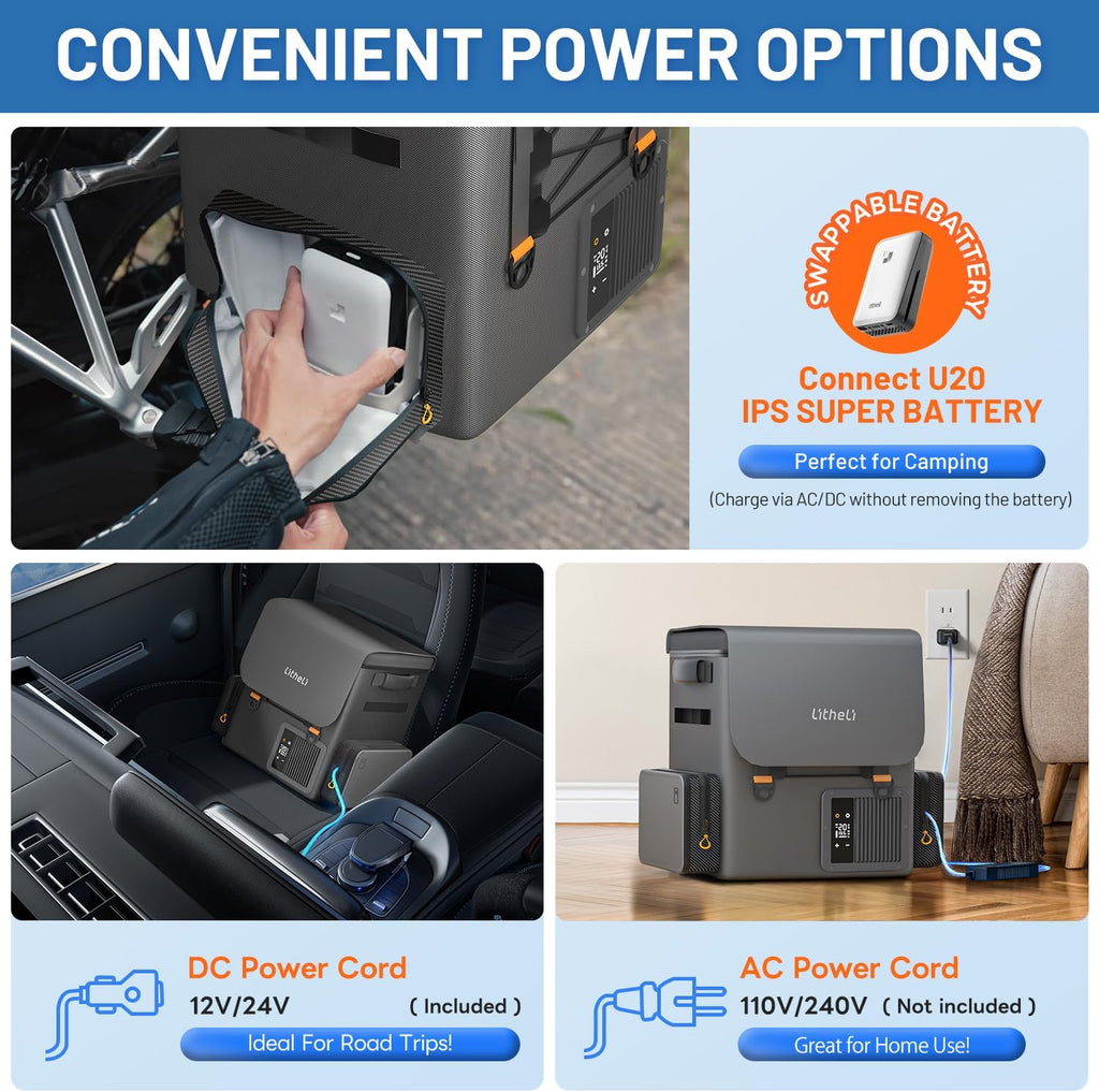 LiTHELi Frozen Pack 12V Car Refrigerator & Portable Electric Cooler, 20L/21QT with 2 U20 Batteries, -4~68℉ Travel Fridge Freezer for Camping, Road Trips, RV, Boat & Beach (Backpack Design)