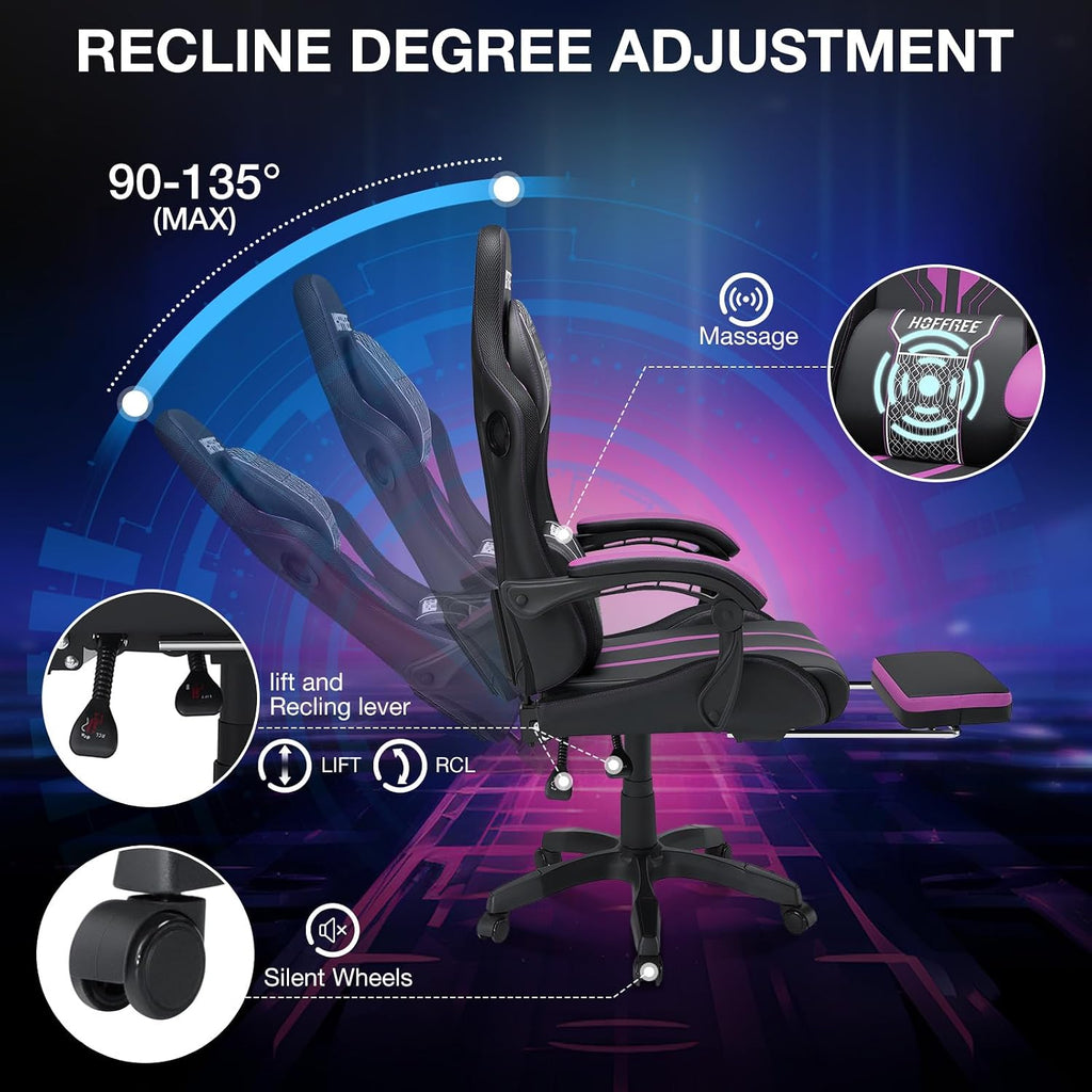 HOFFREE LED Gaming Chair with Speakers and Massage Video Game Chair Big and Tall with Footrest Gamer Chair for 400lbs Computer Desk Chair Purple and Black